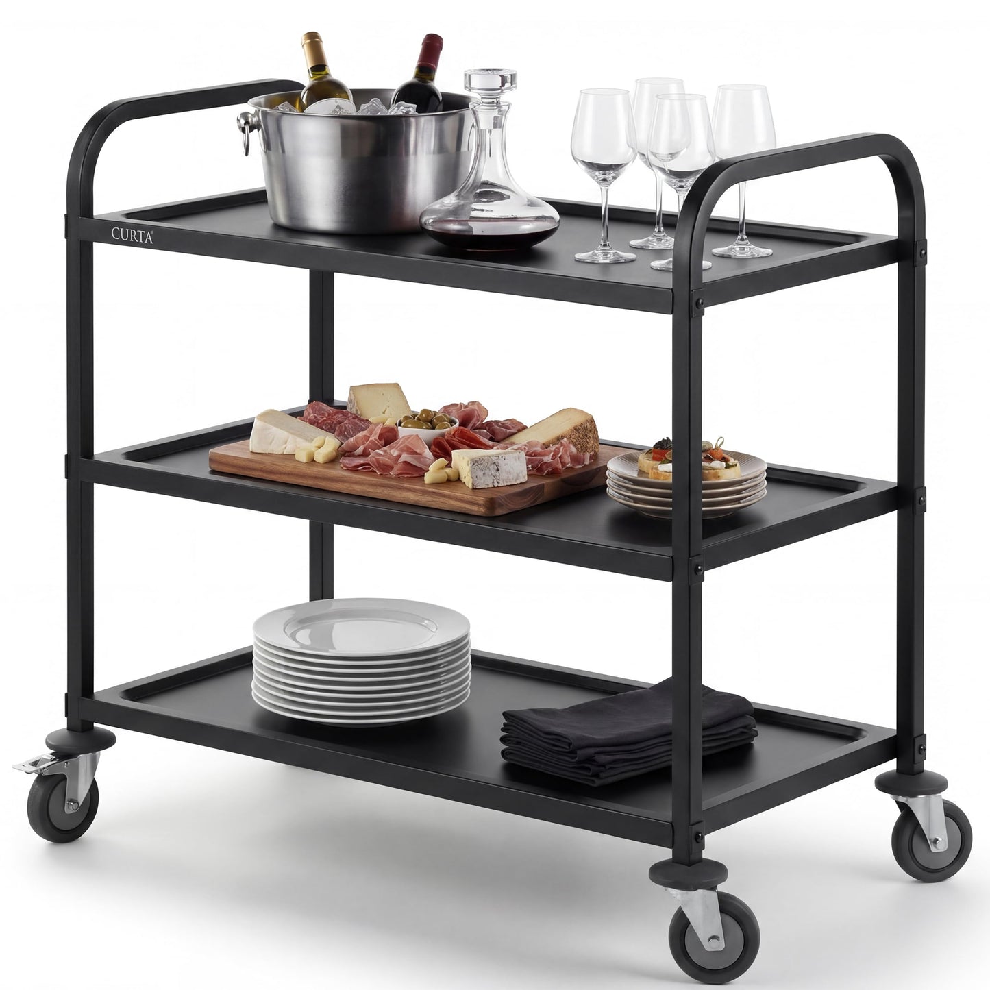 CURTA Black Stainless Steel Serving Cart, 3-Tier Rolling Utility Trolley (38"x20"x37"), Heavy Duty Painted Kitchen Cart on Wheels with Brakes, Commercial Grade for Restaurant, Hotel, Salon & Lab
