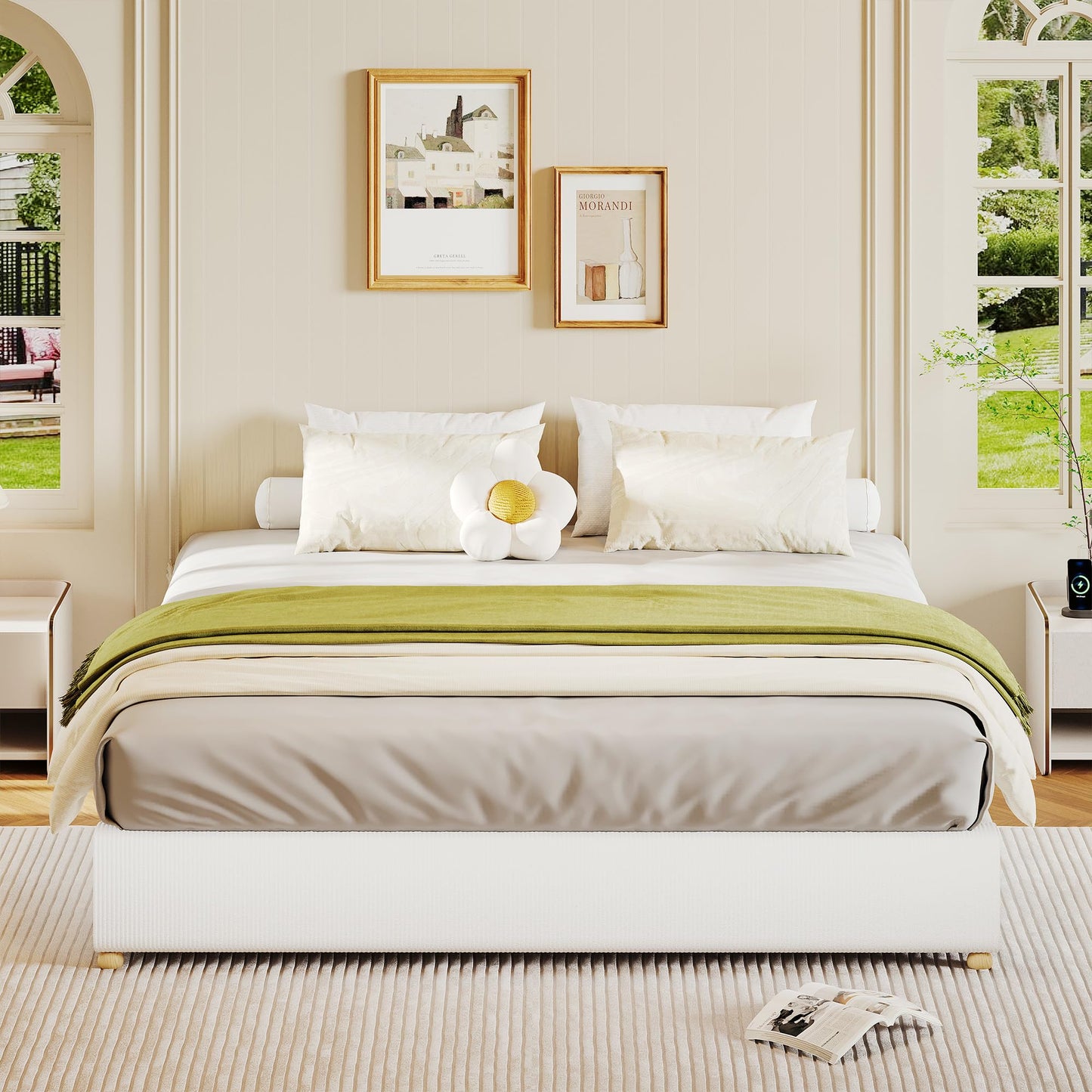 Queen Size Cloud Bed Frame,Upholstered Platform Bed with Solid Wood Legs, Corduroy Low Bed Frame for Bedroom,No Fixed Headboard, No Box Spring Needed,Noise Free, Easy Assembly,White