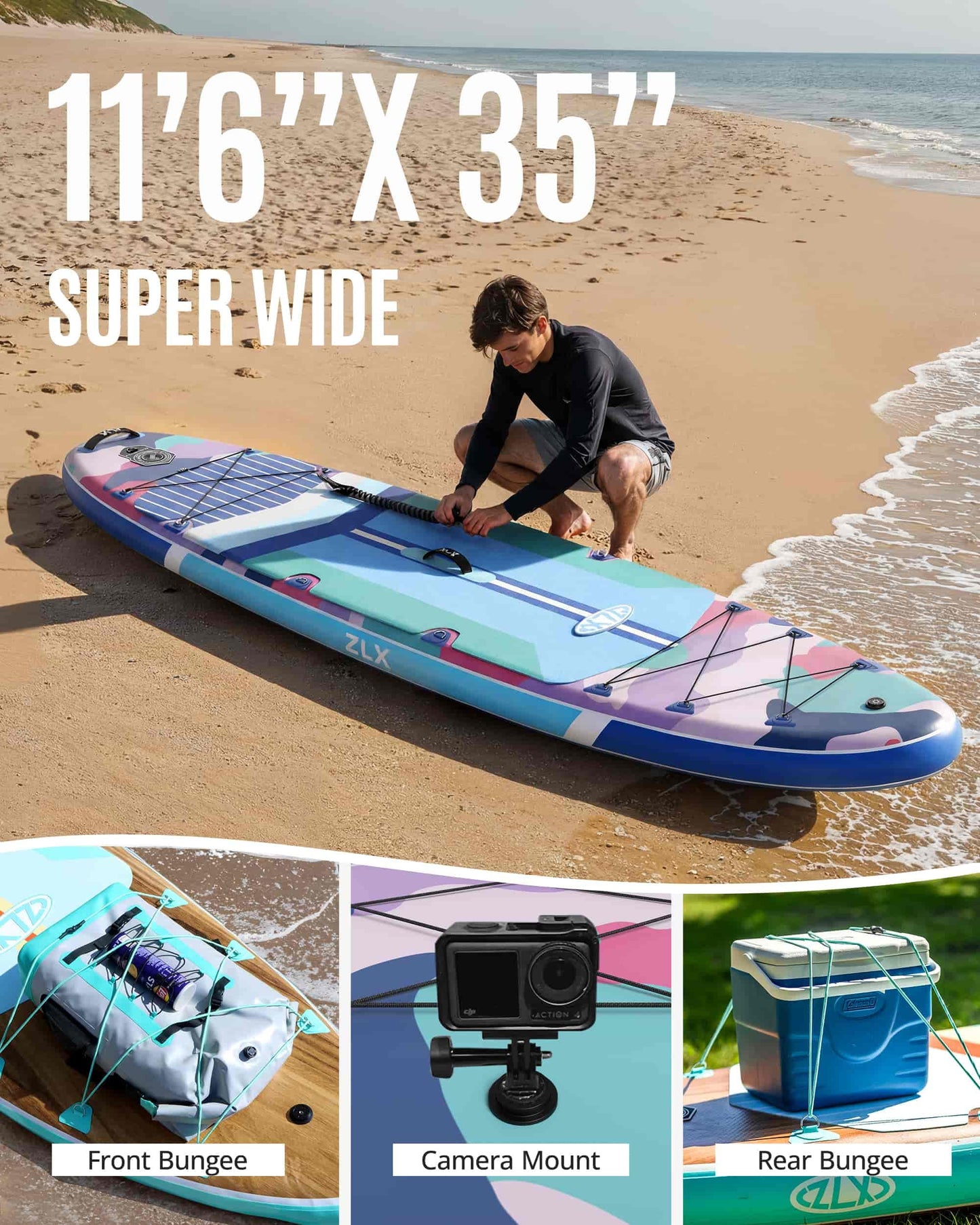 ZLX 11'6"x35" Ultra Wide Inflatable Stand Up Paddle Board | Stable Non-Slip Deck Pad, Unique Fin System, Premium SUP Accessories & Backpack - Upgraded Pump for Adults, All Skill Levels