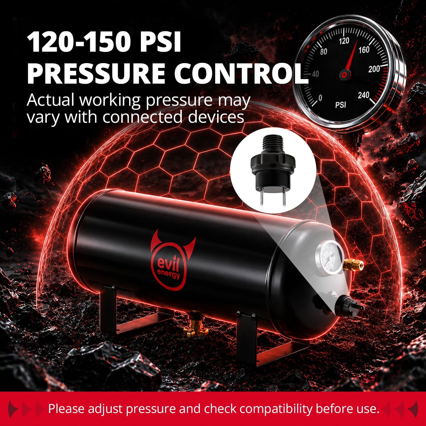 EVIL ENERGY 1.5 Gallon Air Compressor and Tank Kit 6 Ports 1/4" NPT 150 PSI Rated 12V Air Tank Compressor for Truck, Air Horn, Inflating Tires, Suspension Systems, Train Horn, DIY Pneumatic Tools