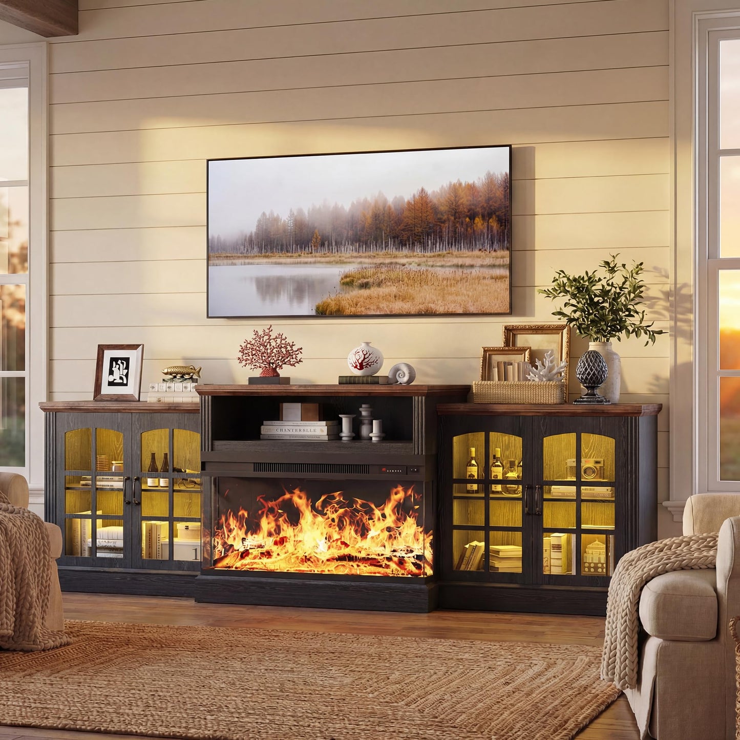 97" Farmhouse Fireplace TV Stand for TVs Up to 100", Entertainment Center with 36" 3-Sided Glass Electric Fireplace, 12 Flame Colors & LED Light Modes, Media Console for Living Room, Black