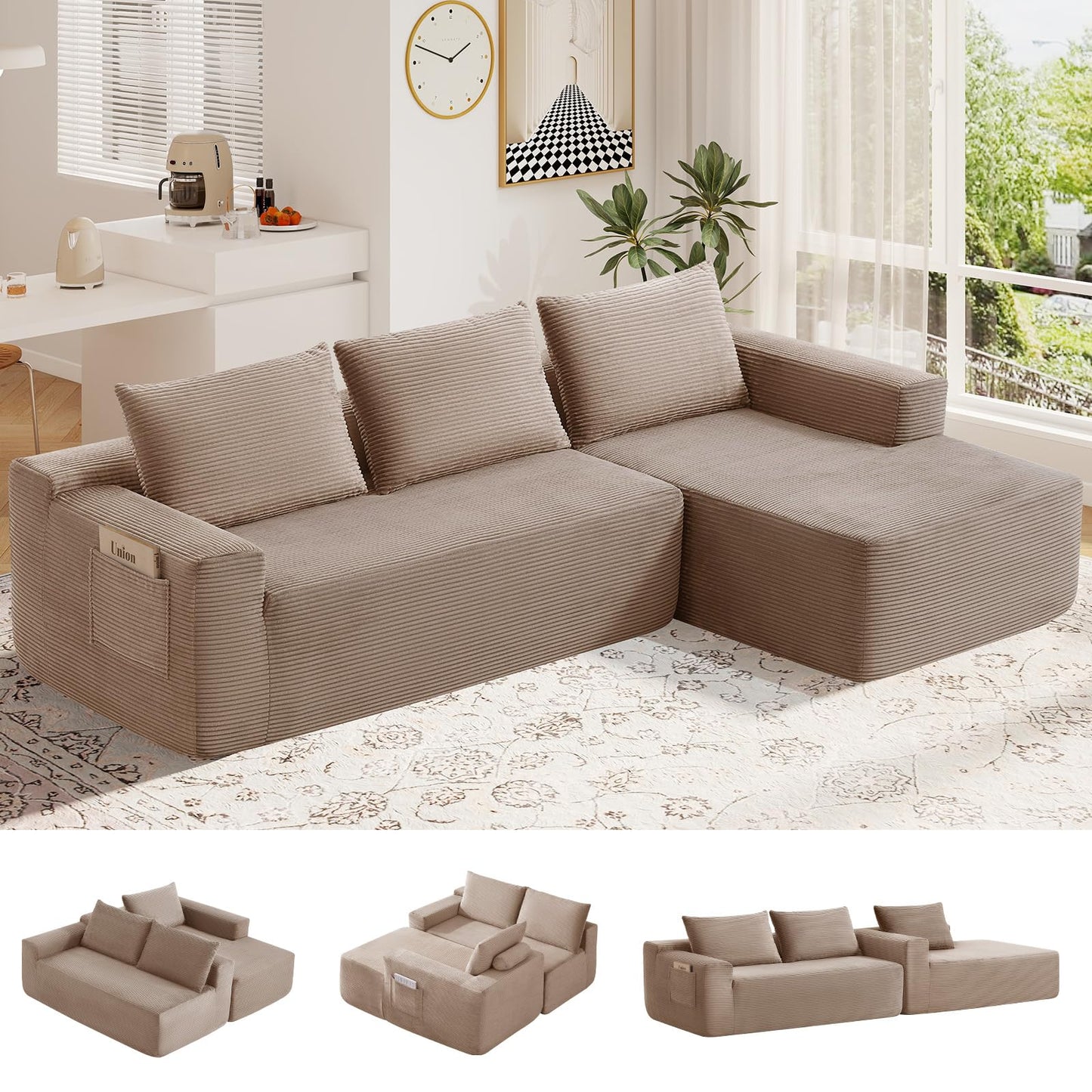 Skepphlay 97" L Shaped Boneless Couches fo Living Room, Modular Sectional Sofa, Camel Corduroy Compression Couches for Small Spaces, No Assembly Required (Right Facing Chaise)