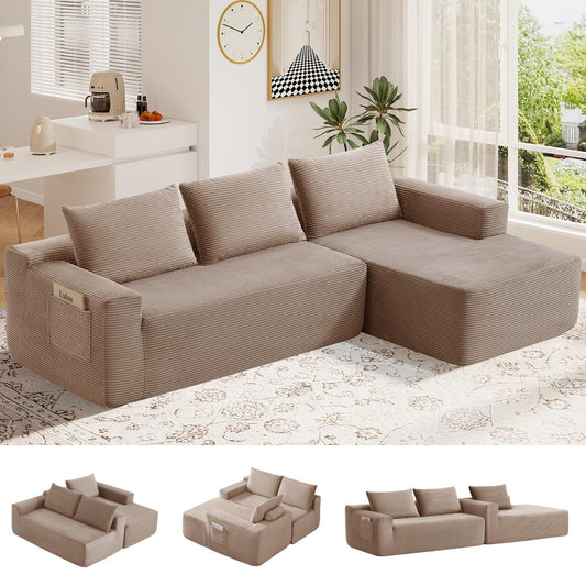 Skepphlay 97" L Shaped Boneless Couches fo Living Room, Modular Sectional Sofa, Camel Corduroy Compression Couches for Small Spaces, No Assembly Required (Right Facing Chaise)