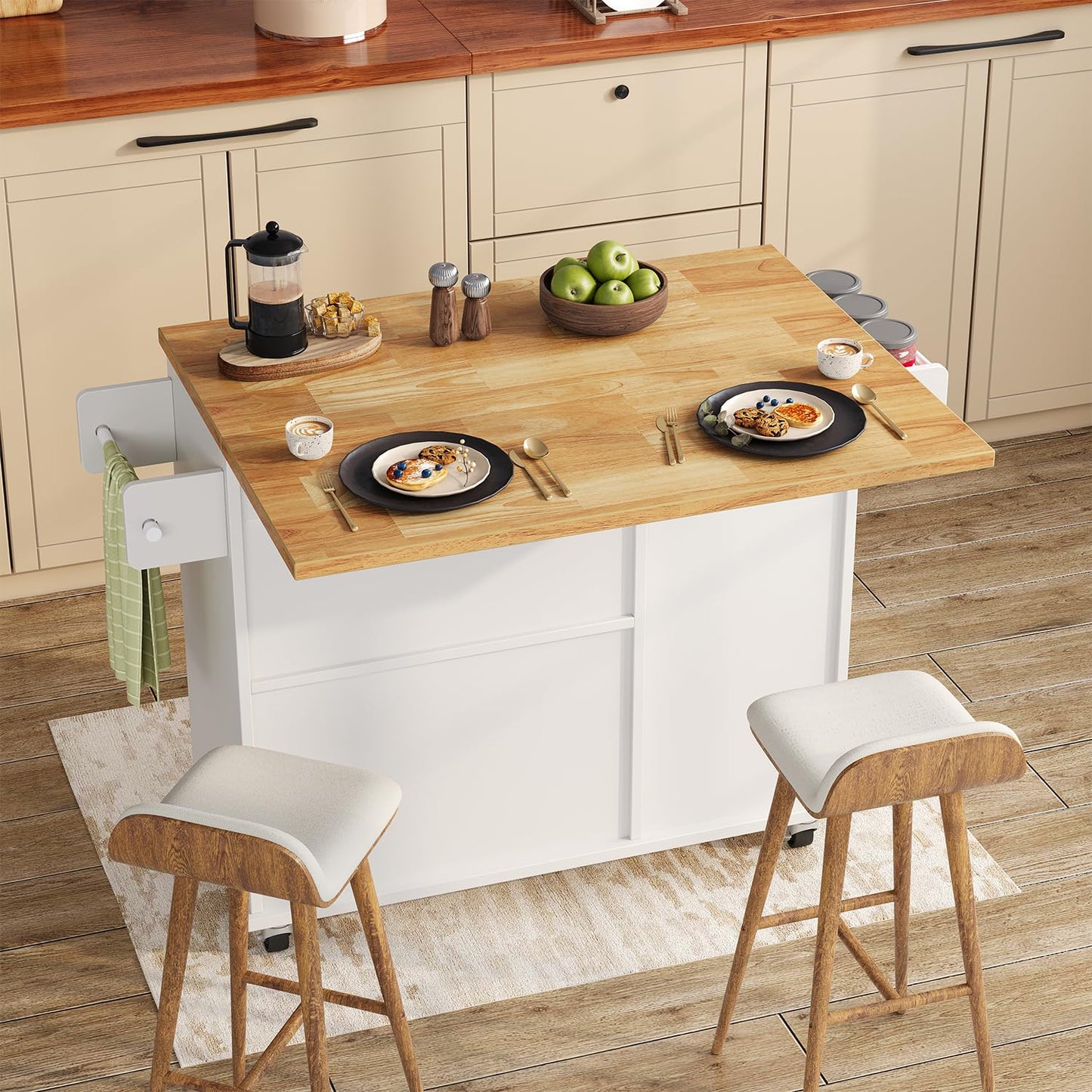 knoworld Rolling Kitchen Island with Storage Cabinet, 41.3'' Width Kitchen Cart with Desktop Drop Leaf Countertop, Portable Mobile Island with Towel Rack, Spice Rack Shelf, White
