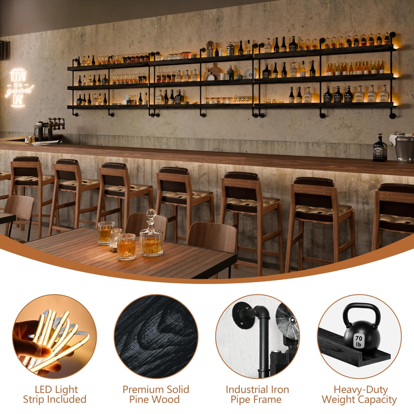 Anynice LED Bar Shelves, Wall Mounted Wine Rack, 3 Tier, 60" Black
