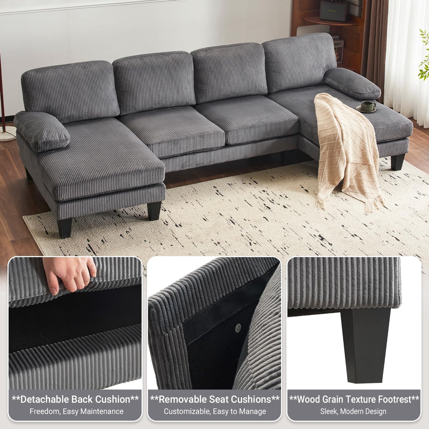 VINGLI 110" Sectional Couches for Living Room,U Shaped Couch with Double Chaise, 4-Seat Sofa Set with Corduroy Fabric for Home Furniture,Grey
