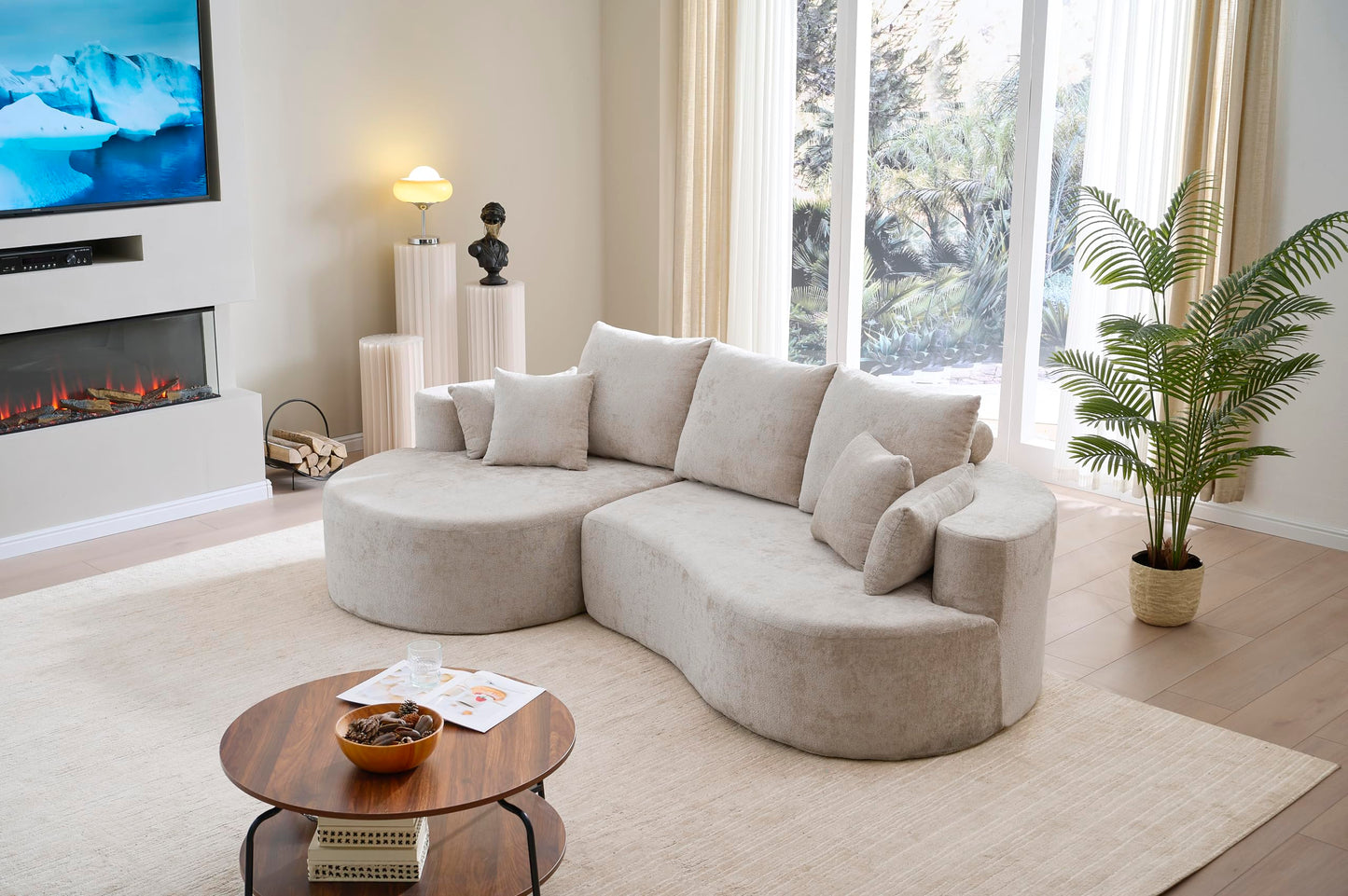 Christopher Knight Home Carden 106" Curved Modular Sectional Sofa, Comfy Sofa Couch with Chaise Lounge, Modern Cloud Couch with Deep Seat, Fabric Upholstered Set for Living Room Bedroom, Silver Lining