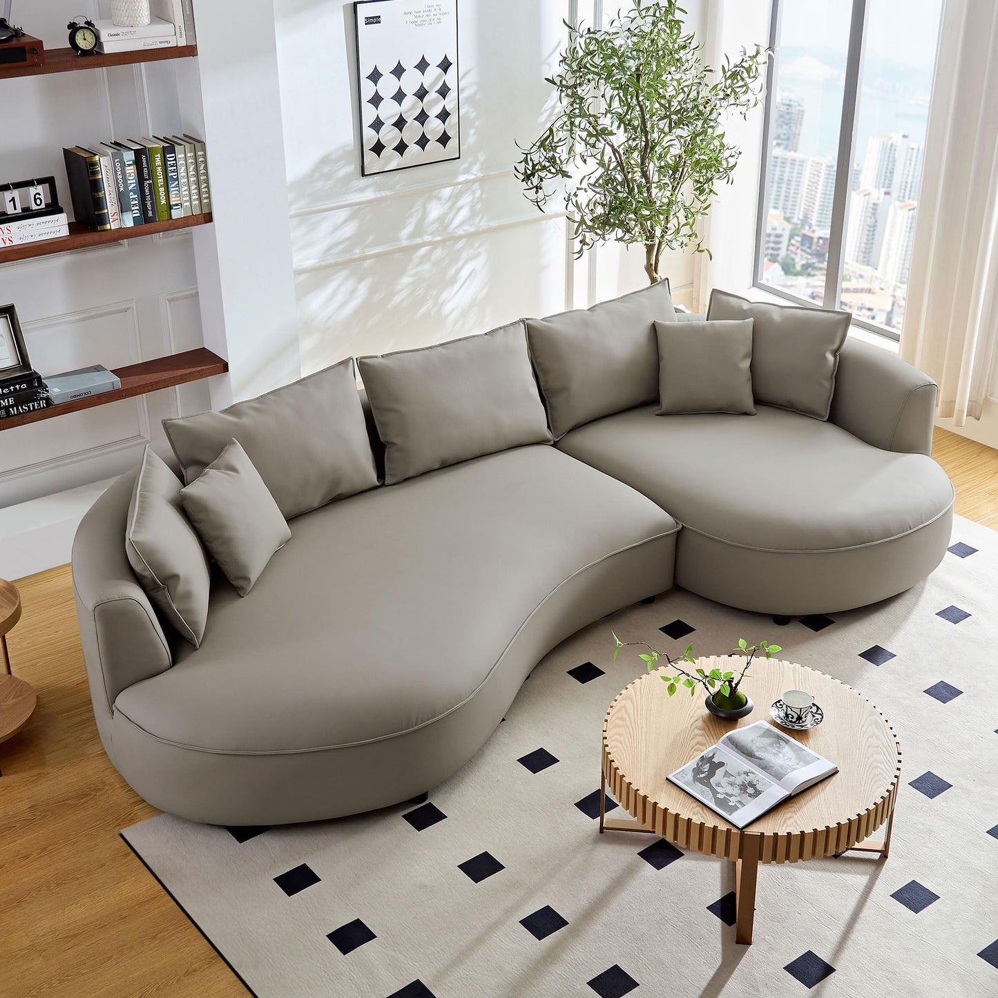 Luxury Right Facing Cloud Couch Oversized 6 Seats Curved Sectional Sofa, Modern Eco-Leather Upholstered Sofa Couch with Wide Lounge Chaise and 7 Pillows, Gorgeous Curved Sofa&Couch for Living Room