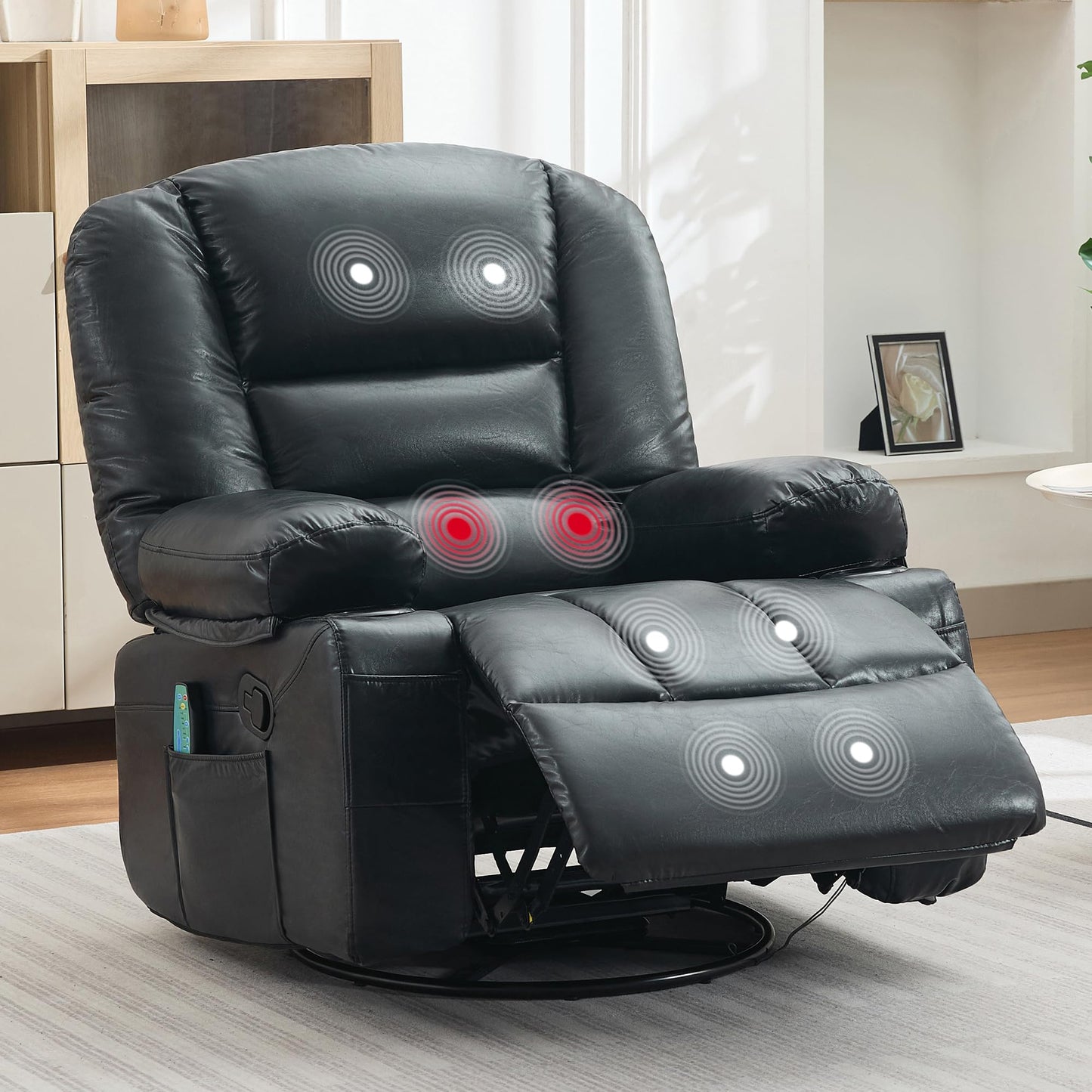 Rocker Recliner Chair with Heat and Massage,Nursery Recliner 360° Swivel Oversized Chairs for Adults,Chenille Lazy Boy Single Sofa Seat with 3 Positions,Side Pockets,Cup Holders for Living Room Black