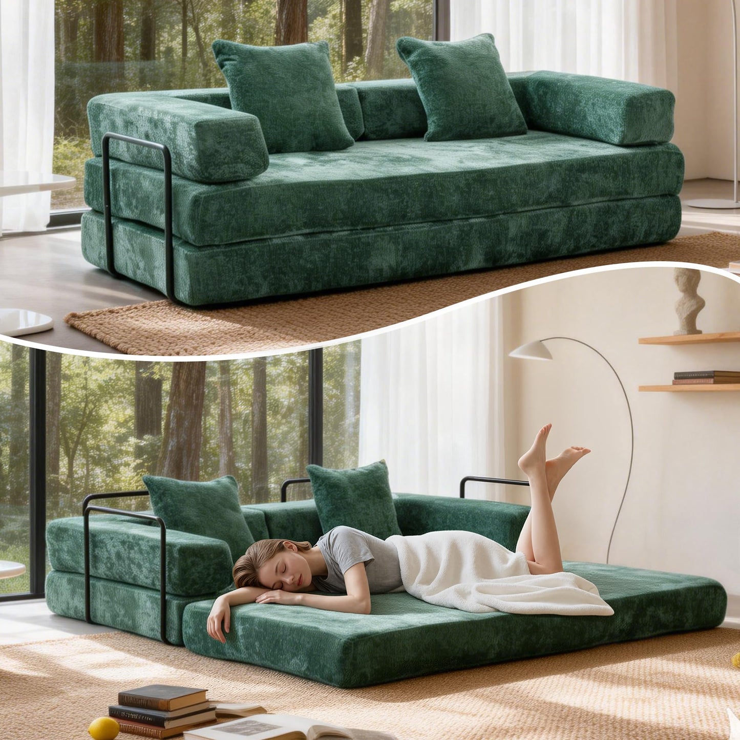 Trygoal 78”Convertible Sofa Bed, 4-in-1 Futon Boneless Couch with Armrest & Pillows, Compressed Chenille Folding Sleeper Bed for Living Room, Guest Room and Dorm, Dark Green