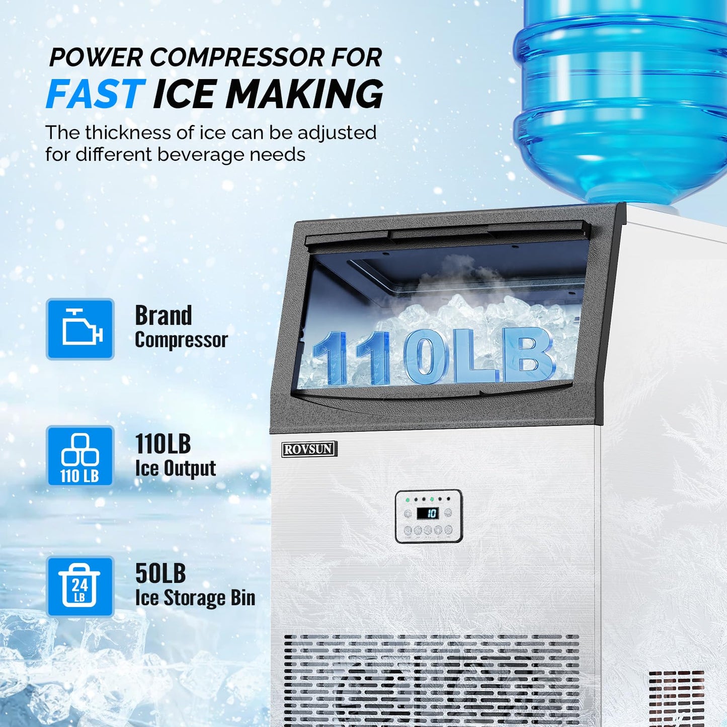 ROVSUN 110LBS/24H Commercial Ice Maker Machine with 50lbs Storage Bin, Freestanding/Countertop Ice Machine with 2 Water Inlets, Ice Scoop & Water Filter for Home Office Restaurant Bar Cafe Use