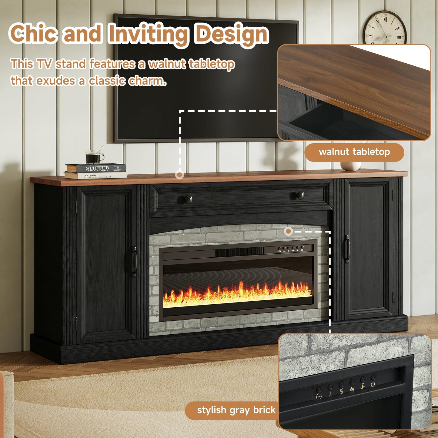 Merax Electric Fireplace TV Stand with Storage, Farmhouse Entertainment Center for Living Room, Heater Unit with Adjustable Shelves & Cable Management, MDF Wood Media Console Table, Black