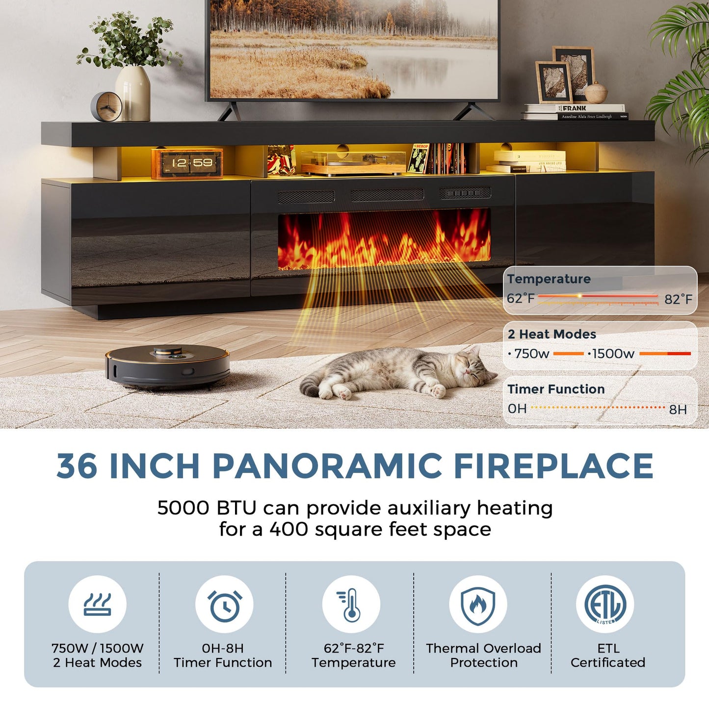 70" Floating Fireplace TV Stand with 36" Crystal Electric Fireplace, LED Entertainment Center for TVs up to 80", Modern Media Console with Mirrored Storage Cabinets for Living Room, Black TV Console