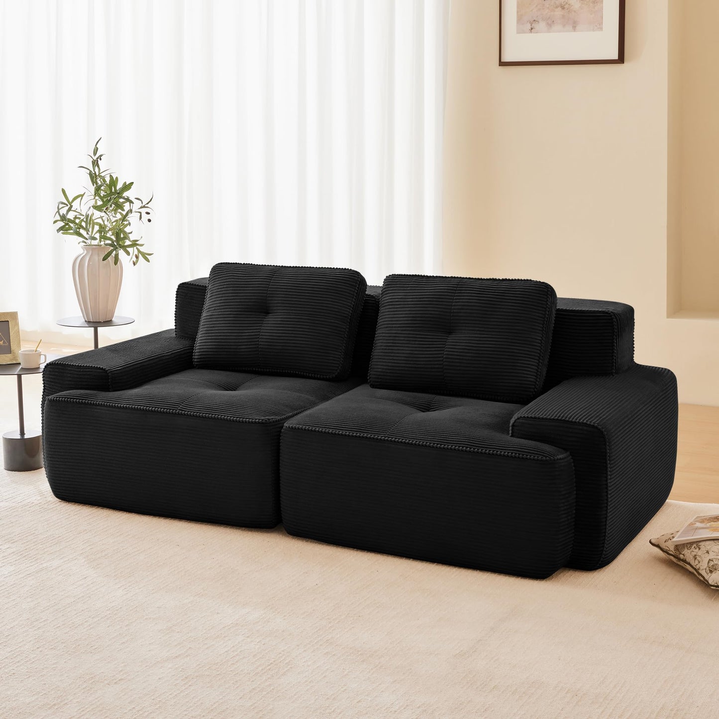 KEIKI 80" Oversized Corduroy Modular Sectional Loveseat Sofa with High-Density Foam Cushion & 2 Pillow, Upholstered Anti-slip Design 2-Seater Tufted Couch, No Assembly Required, for Living Room, Black