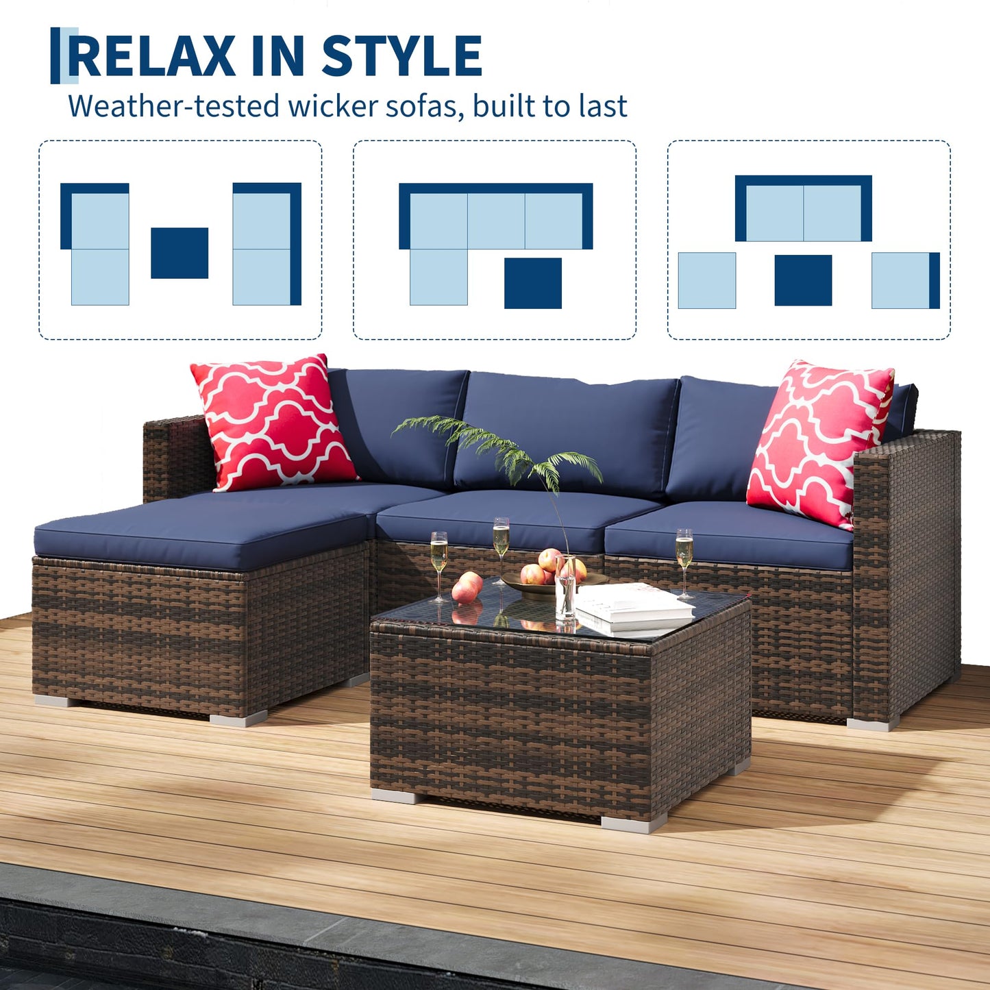 PeakPursuit Outdoor Patio Furniture Set, 5 Pieces Rattan Patio Conversation Sets with Glass Coffee Table and Cushion,All Weather Outdoor Patio Sofa for Garden, Poolside, Backyard,Blue