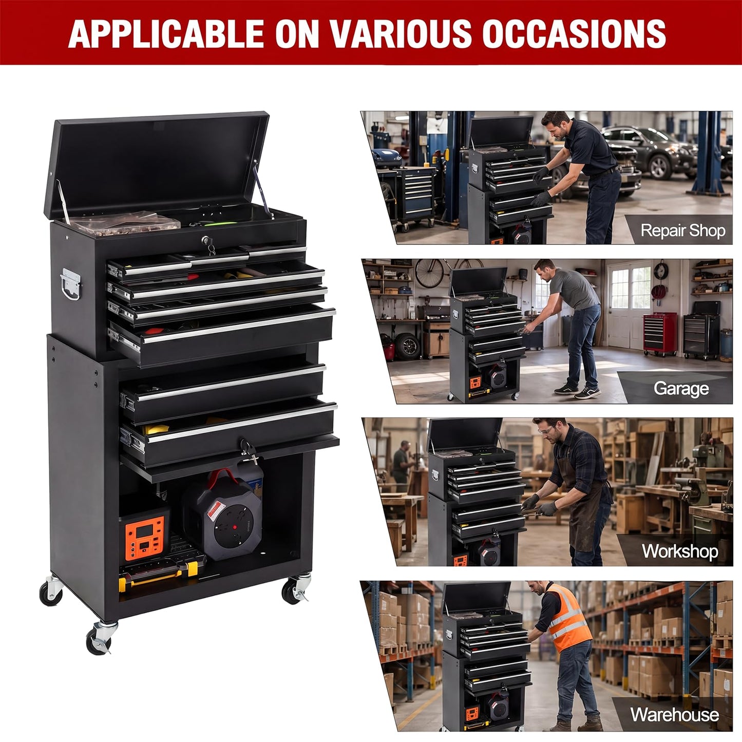 8-Drawer 2-in-1 Rolling Tool Cart with Lock Detachable Top Box - Black