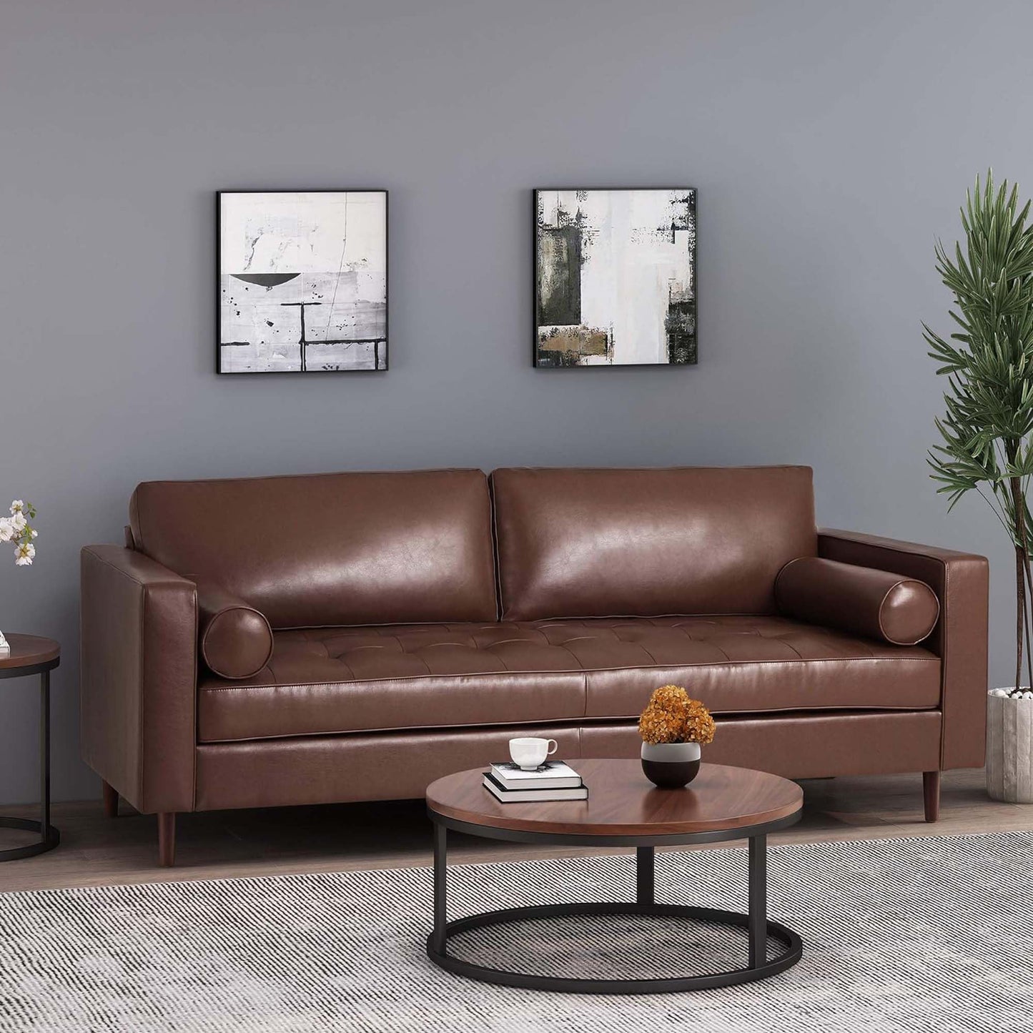 Merax Upholstered PU Sofa, Classic 3 Seater Leather Couch with Wooden Legs for Living Room Bedroom Office, Dark Brown