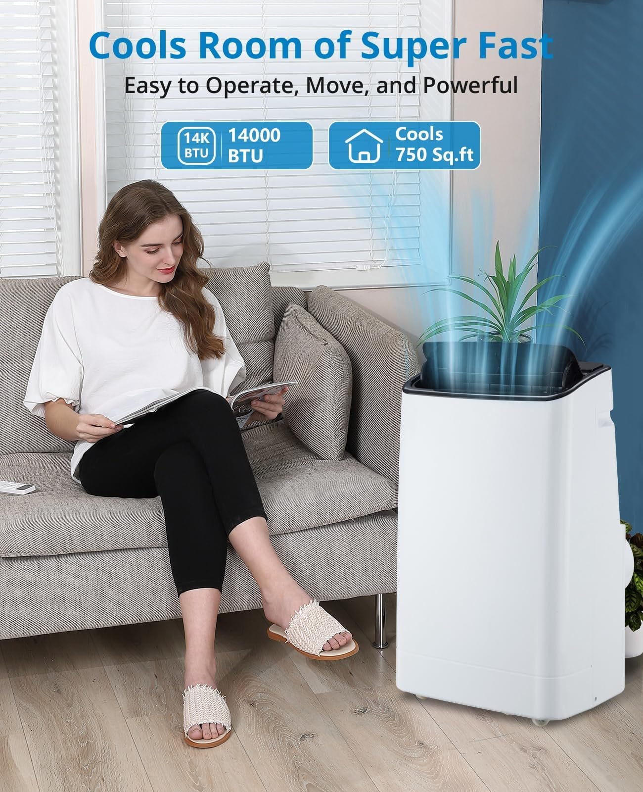 14000 BTU Portable Air Conditioner with Remote Control, 3-in-1 Free Standing Cooling AC Unit with Fan & Dehumidifier for 750 Sq Ft Rooms,Smart/Sleep Mode,3 Speed,Auto Swing,24H Timer