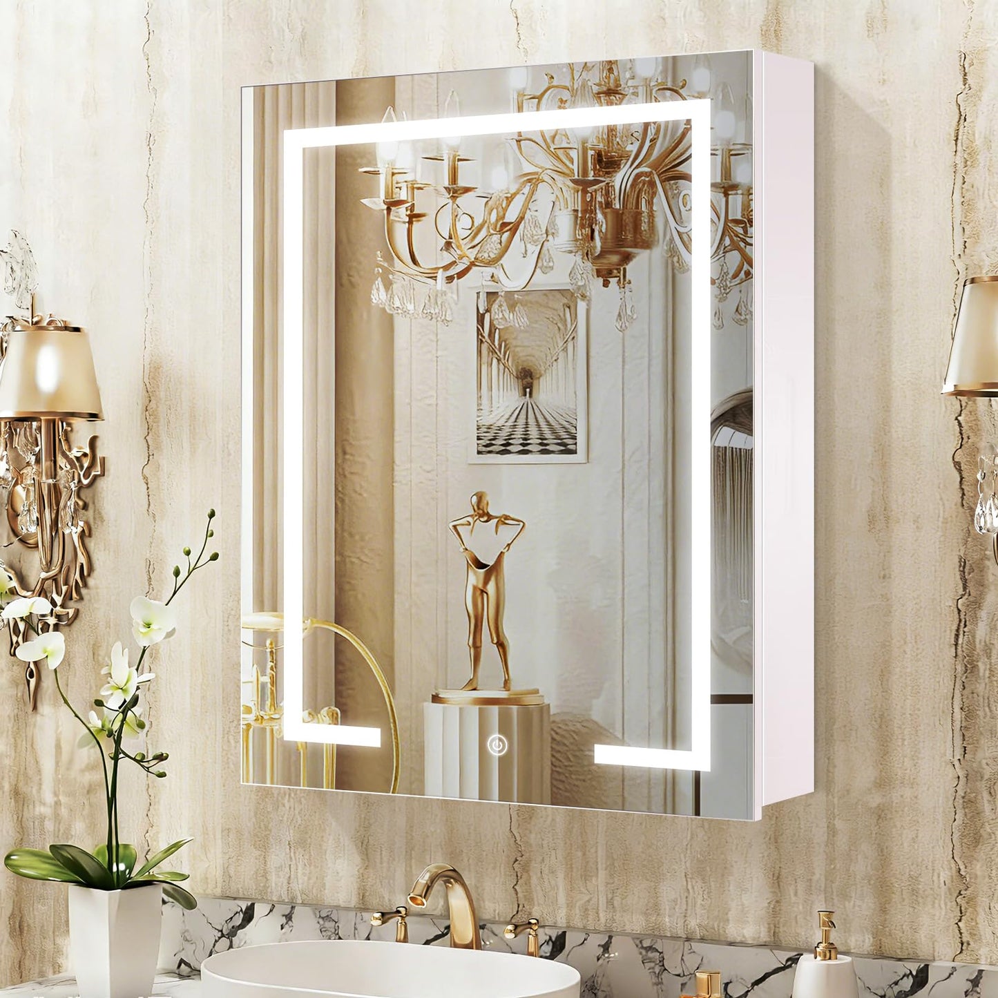KAASUNES LED Medicine Cabinet with Light,Mirror Cabinet with Cosmetics Storage Rack,3X Magnifier Makeup Mirror,Lighting Glass Shelf,3 Colors&Dimmer,22×30inch,White