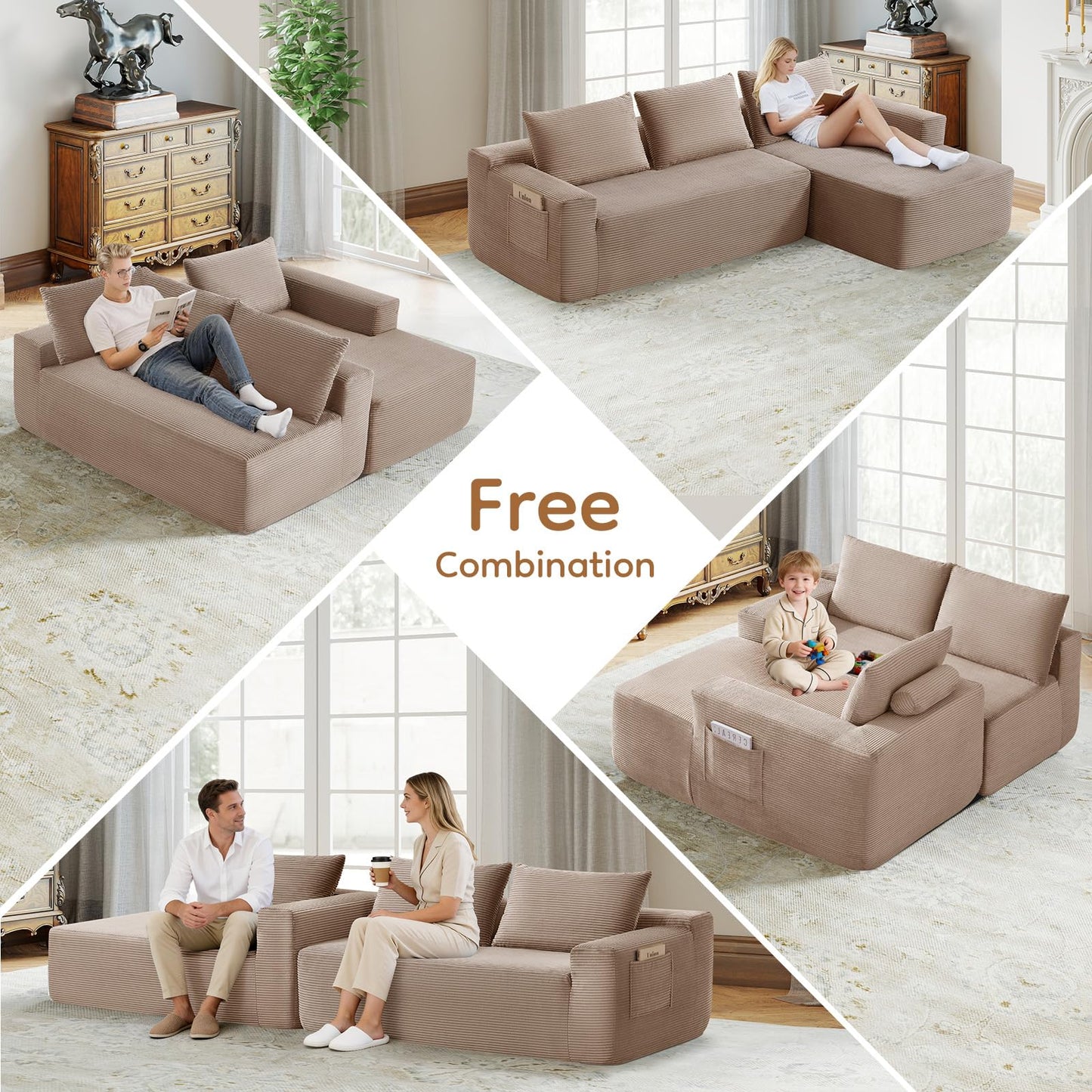Skepphlay 97" L Shaped Boneless Couches fo Living Room, Modular Sectional Sofa, Camel Corduroy Compression Couches for Small Spaces, No Assembly Required (Right Facing Chaise)