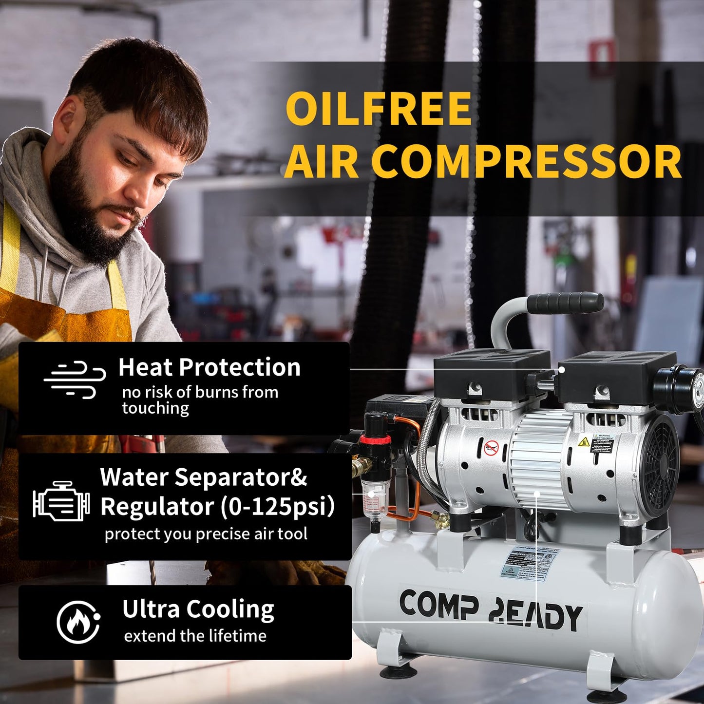 8 Gallon Portable Air Compressor 1HP 2.5 CFM@90PSI 60dB Ultra Quiet Oil Free Air Compressor Ideal for Tire Inflation Pneumatic Tool Spray Painting