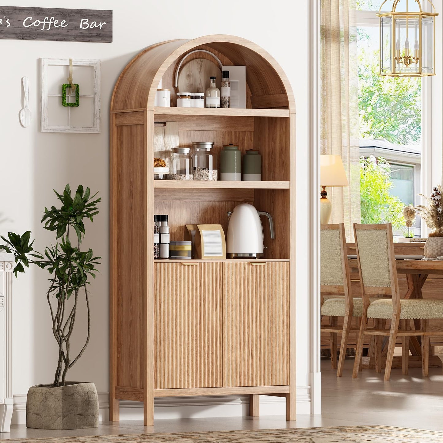 Ieejdn 71" Tall Arched Kitchen Pantry,Modern Fluted Wood Storage Cabinet with Doors,Adjustable Shelves,Organizer, Versatile Cupboard for Kitchen,Living Room,Dining Room,Bathroom,Wood