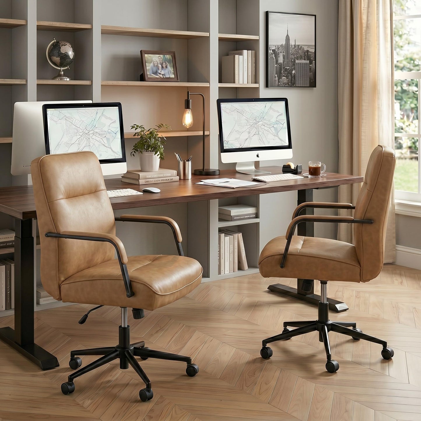 KISLOT Ergonomic Home Office Chair with Lumbar Support, Adjustable Swivel Modern Desk Chair with Wheels, Faux Leather Computer Chair with Padded Arms, Comfy Executive Office Chair, 2 PCS, Camel Brown