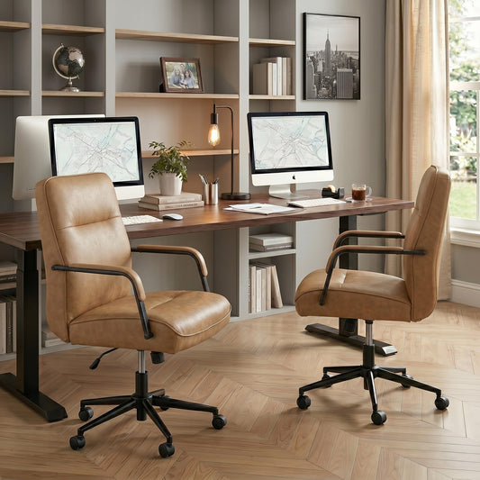 KISLOT Ergonomic Home Office Chair with Lumbar Support, Adjustable Swivel Modern Desk Chair with Wheels, Faux Leather Computer Chair with Padded Arms, Comfy Executive Office Chair, 2 PCS, Camel Brown