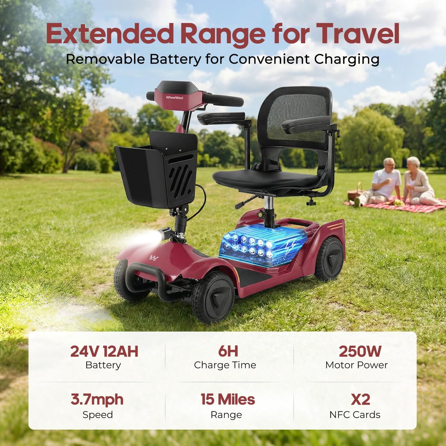 2026 New 4-Wheel Foldable Electric Mobility Scooter, Heavy Duty Portable Travel Scooter with NFC Keyless Unlock, 15 Miles Long Range, Removable Battery, Digital Display, 300 Lbs Weight Capacity, Red