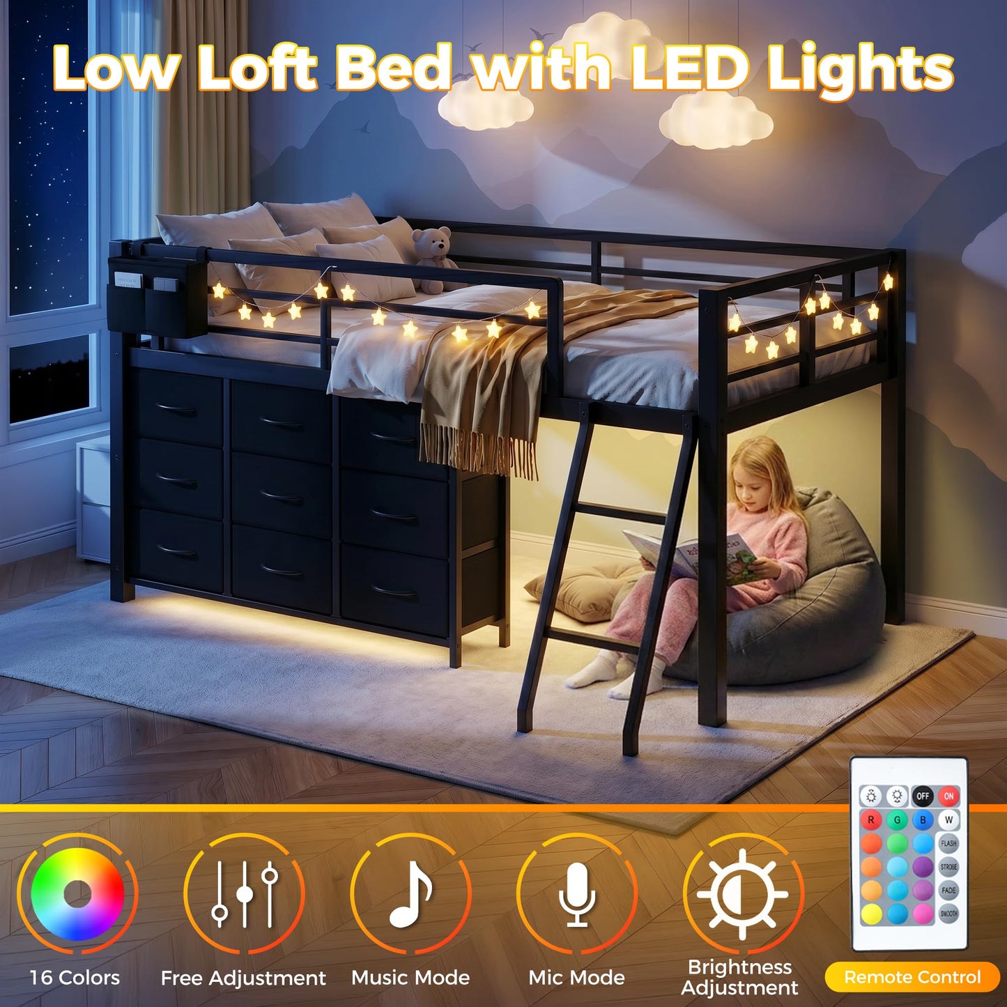IZLKQC Twin Loft Bed with 9 Storage Drawers, Charging Station, LED Lights & 2 Shelves, Heavy Duty Metal Twin Low Loft Bed with Guardrail, Twin Size Low Loft for Kids & Teens (Black)