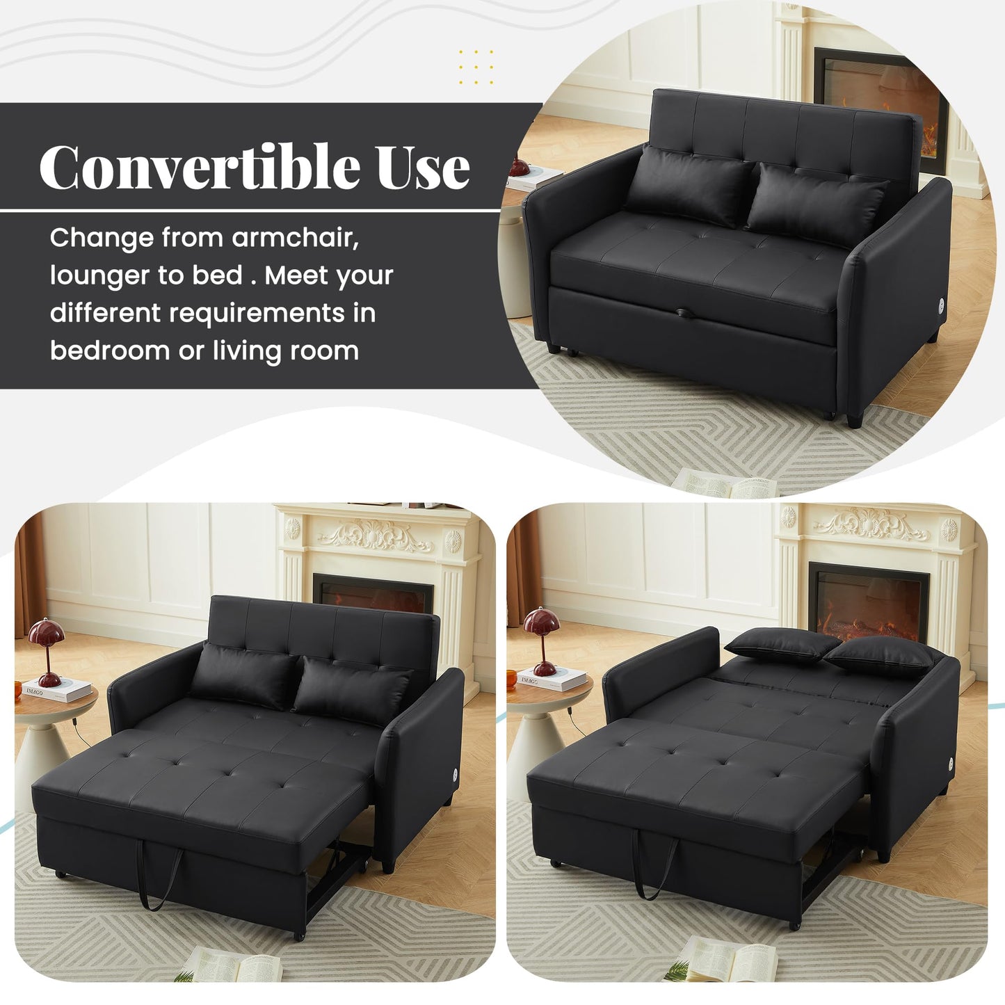 Eafurn Convertible Sleeper Sofa Bed Modern PU Leather Loveseat Sofa with Pull-Out Bed, Futon Loveseat Couch for Small Spaces, Office, Guest Room, Living Room,RV, with USB Charging Port