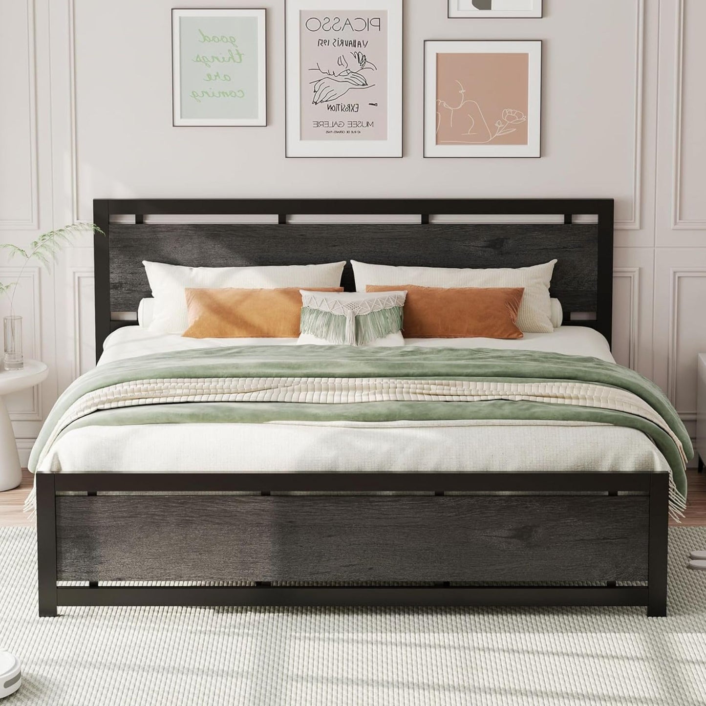 LIKIMIO King Bed Frame with Headboard and Footboard, Metal Strong Supports, Easy Assembly, Noise-Free, No Box Spring Needed, Charcoal Grey