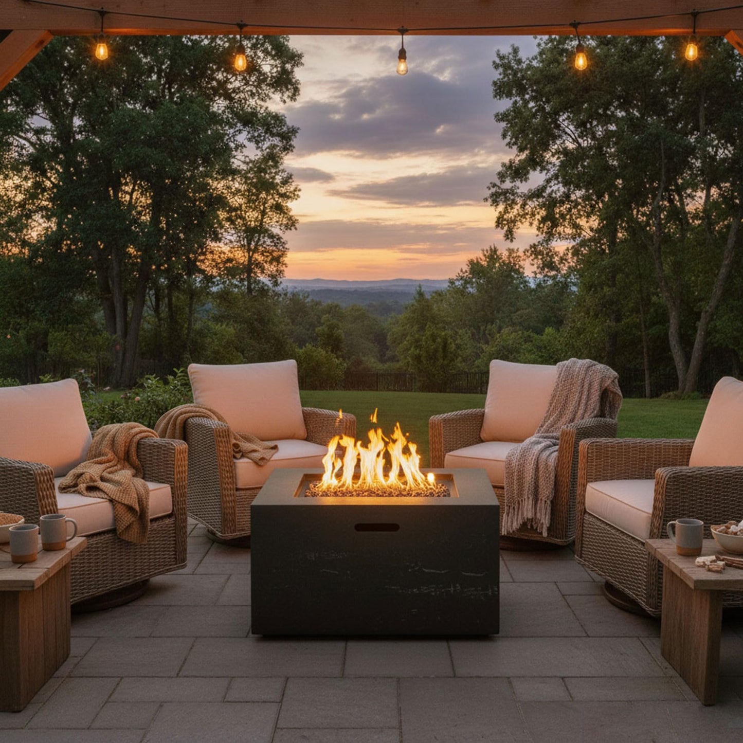 GDFStudio MgO Lightweight Square Propane Fire Pit Table, 40000 BTU Outdoor Propane Fire Pit with Steel Burner, Adjustable Flame Control, Lava Rocks & Rain Cover, Patio Backyard Deck Poolside, Black
