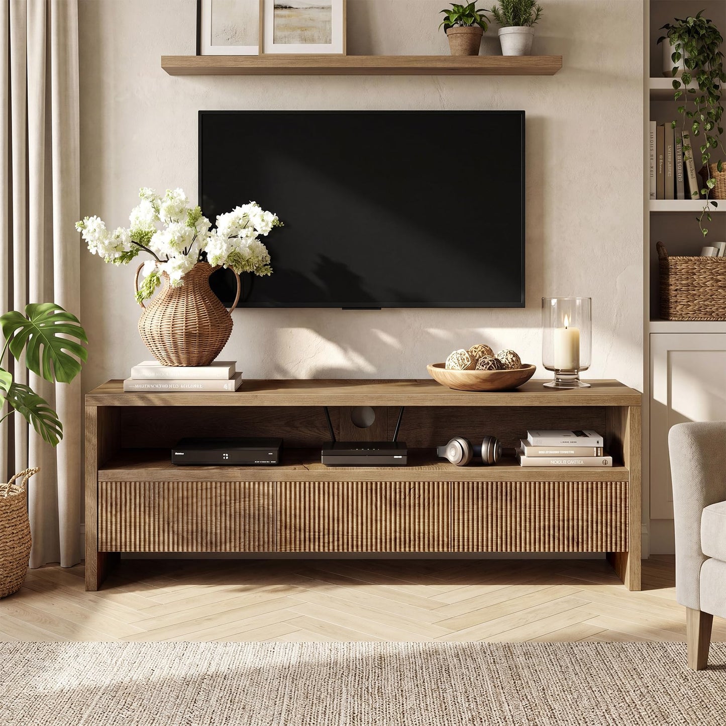 Tribesigns 63" TV Stand with 3 Drawers, 2-Tier Entertainment Center for TVs up to 75", Farmhouse Media Cabinet, Wooden Console with Storage, Television Stands for Living Room, Bedroom, Brown