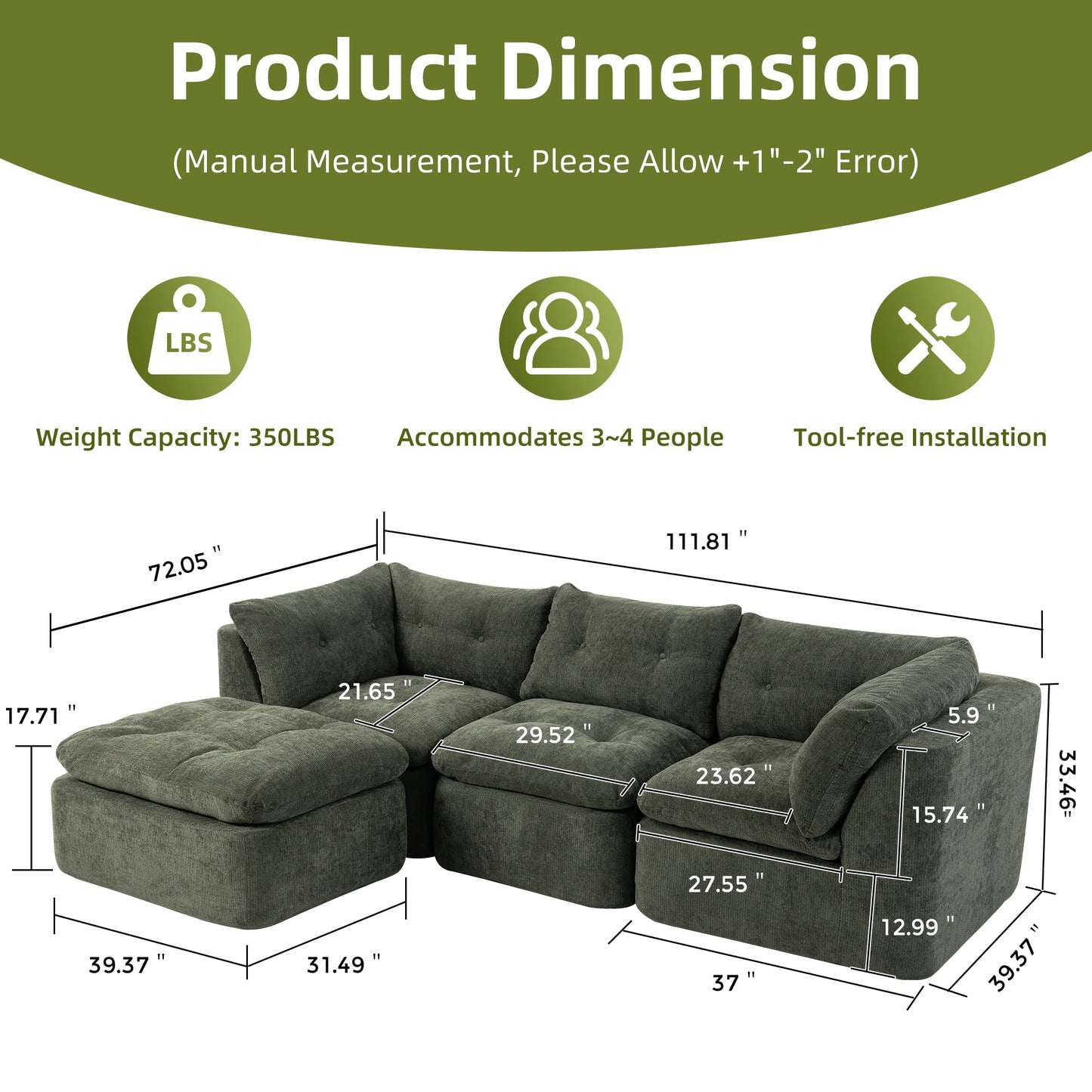 Tufted Cushions Cloud Sectional Boneless Sectional Sofa with Movable Ottoman, 112" Oversized Modular Convertible L Shaped Corner Couch with Deep Seat,Memory Foam Compressed Sofa