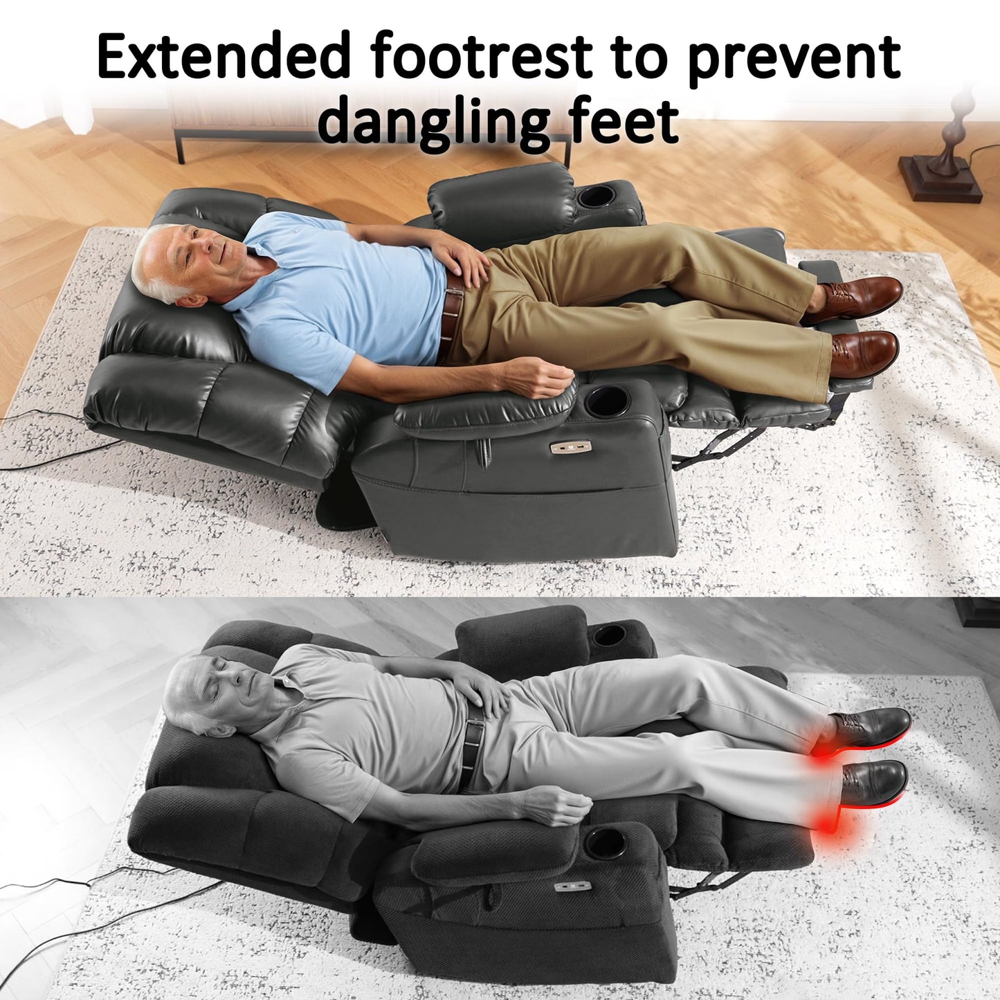 MCombo Triple Motor Power Lift Recliner Chair with Massage and Dual Heating, Adjustable Headrest for Tall Elderly People, Faux Leather 7634 (Dark Grey, Large)