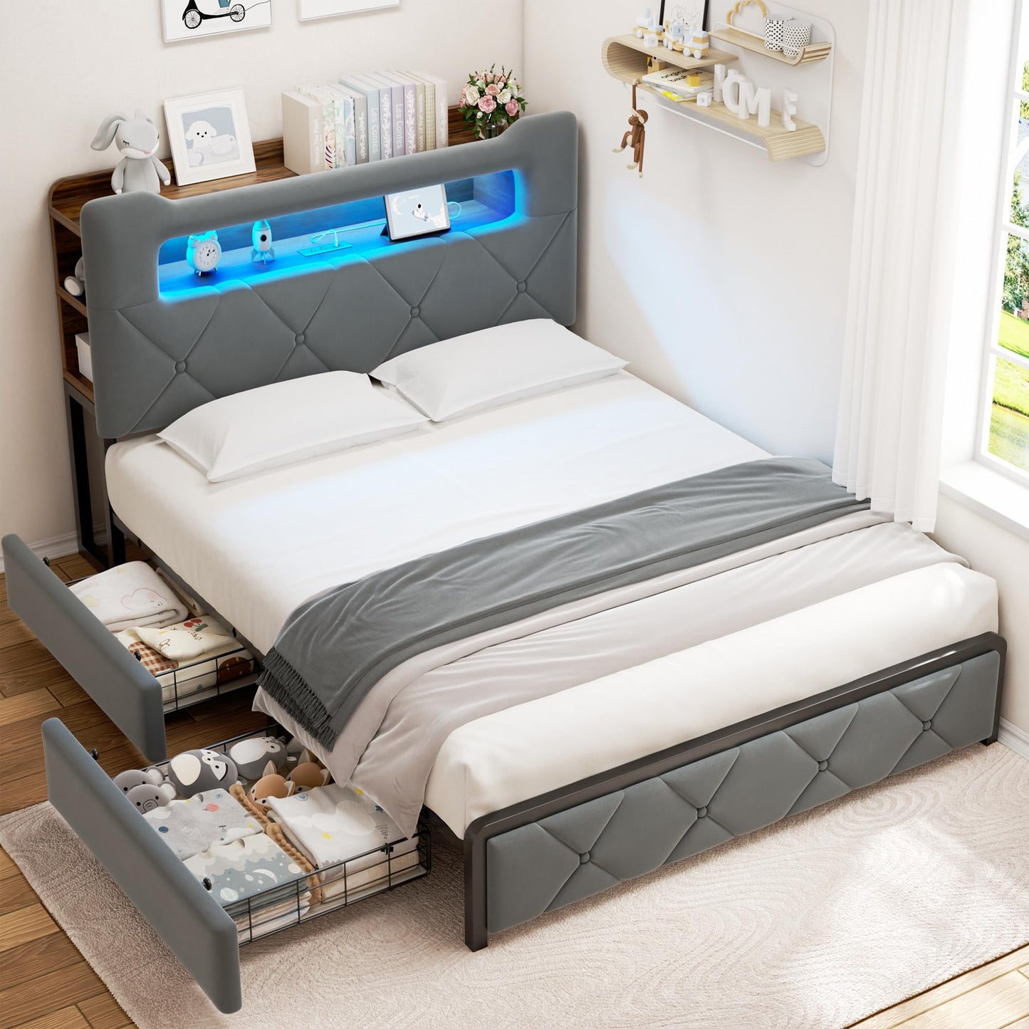Jocoevol Queen Upholstered LED Bed Frame with 2 Storage Drawers and 2-Tier Storage Headboard, Velvet Platform Bed with Charging Station & Bookcase, Corner Bed Frame, Heavy Duty Metal Support, Grey