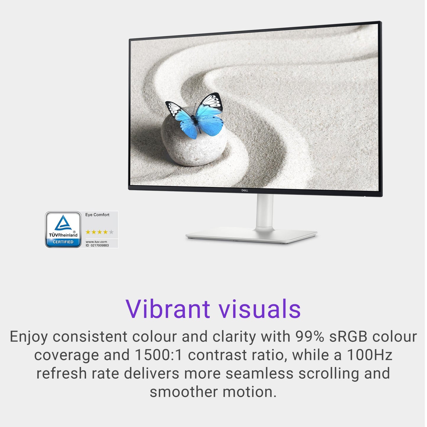 Dell S2725HS 27 Inch Monitor, FHD (1920x1080) Display, 100Hz Refresh Rate, 1500:1 Contrast Ratio, TÜV Rheinland Eye Comfort 4 Star, Integrated 2x5W Speaker, Height/Tilt/Swivel/Pivot- Ash White Color
