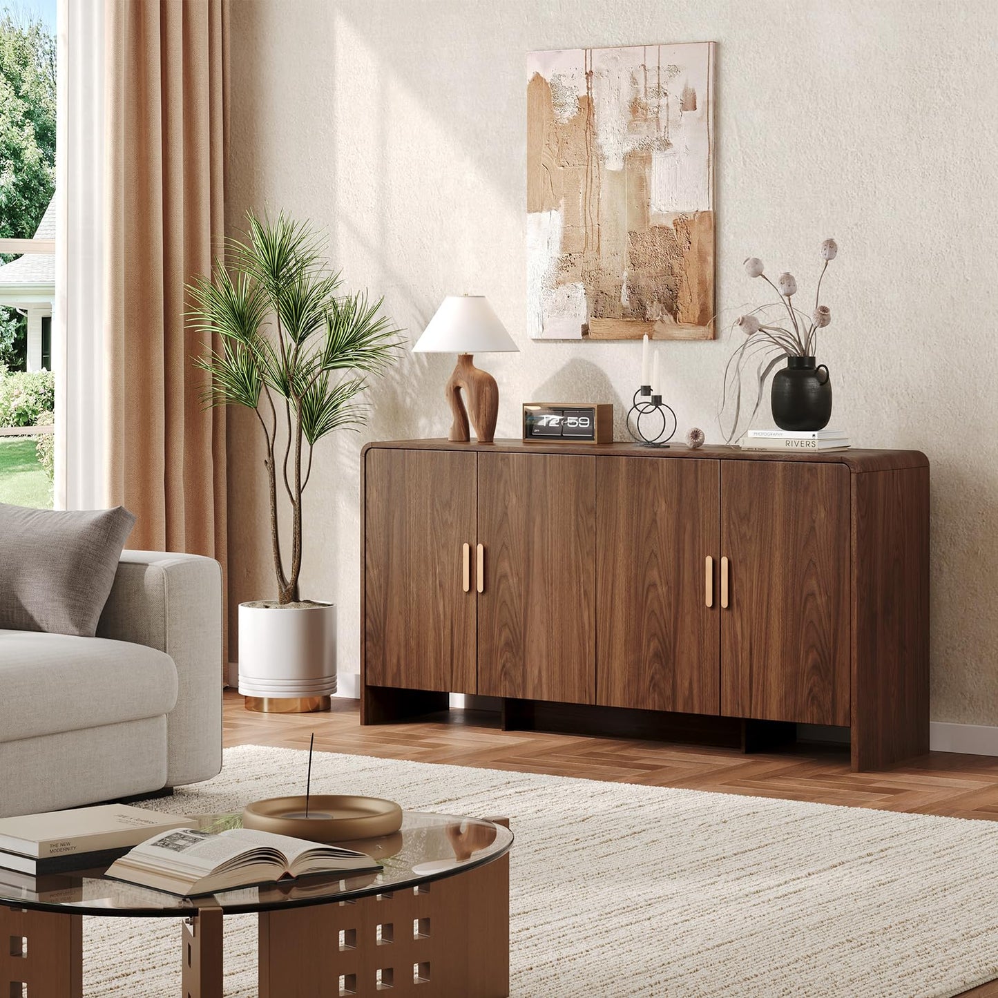 60" Sideboard Buffet Cabinet, Large Curved Design Storage Cabinet with 4 Doors & 2 Adjustable Shelves, Sturdy Build, Easy Assembly, Bar Console Fit for Dining Room/Living Room/Kitchen, Walnut