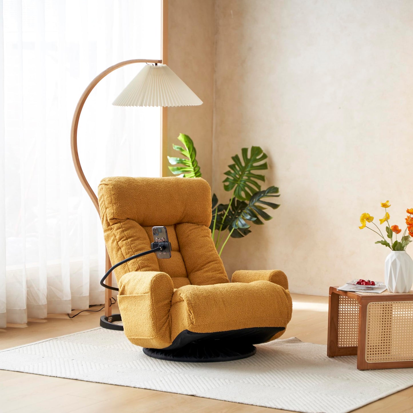 Noble House Home Furnishings Gwen Upholstered 360° Swivel Chair, Lounge Chair with Adjustable Backrest/Headrest, Metal Frame Living Room Lounge Sofa and Phone Holder, Comfy Bean Bag Chair, Yellow
