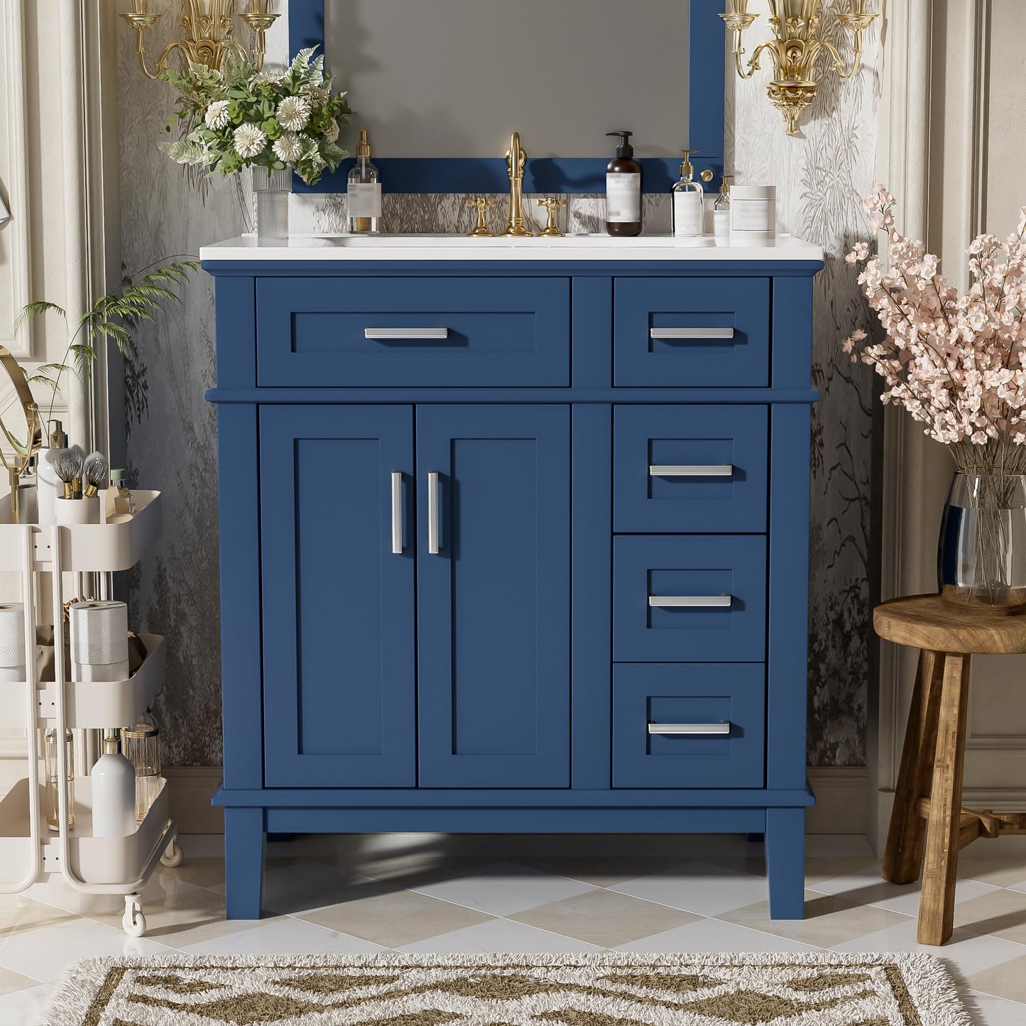 Merax 30" Small Bathroom Vanity with Ceramic Sink, Modern Solid Wood Frame Free-Standing Storage Cabinet, Soft-Close Doors, 2 Drawers & Under-Sink Storage, Space-Saving for Small Bathroom, Blue