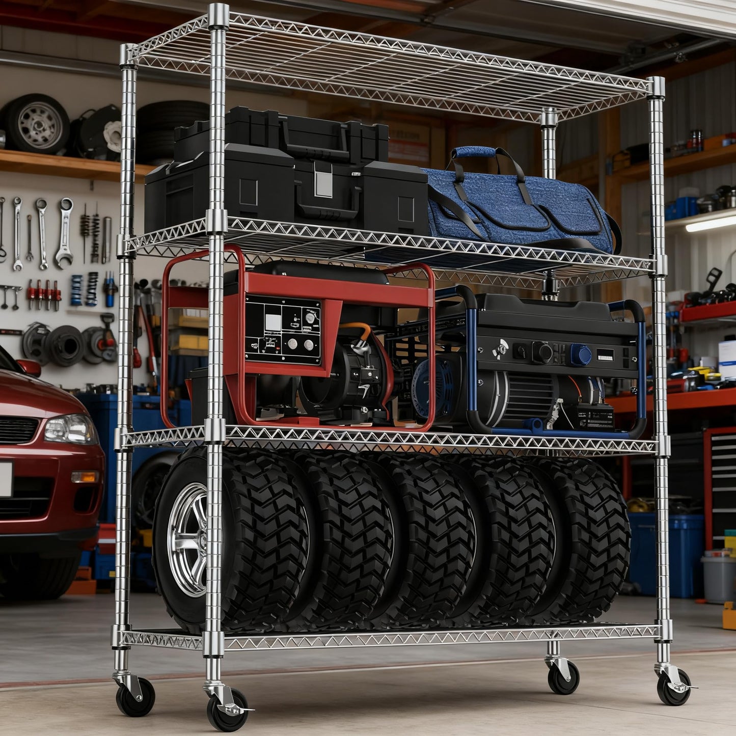 M MZG 1400LBS 47.2" W 4 Tiers Storage Shelves Metal Shelving Unit with Wheels Heavy Duty Garage Shelving Adjustable Wire Shelves for Pantry,Kitchen,Garage,Basement,Chrome 17.7" D x 47.2" W x 62.6" H