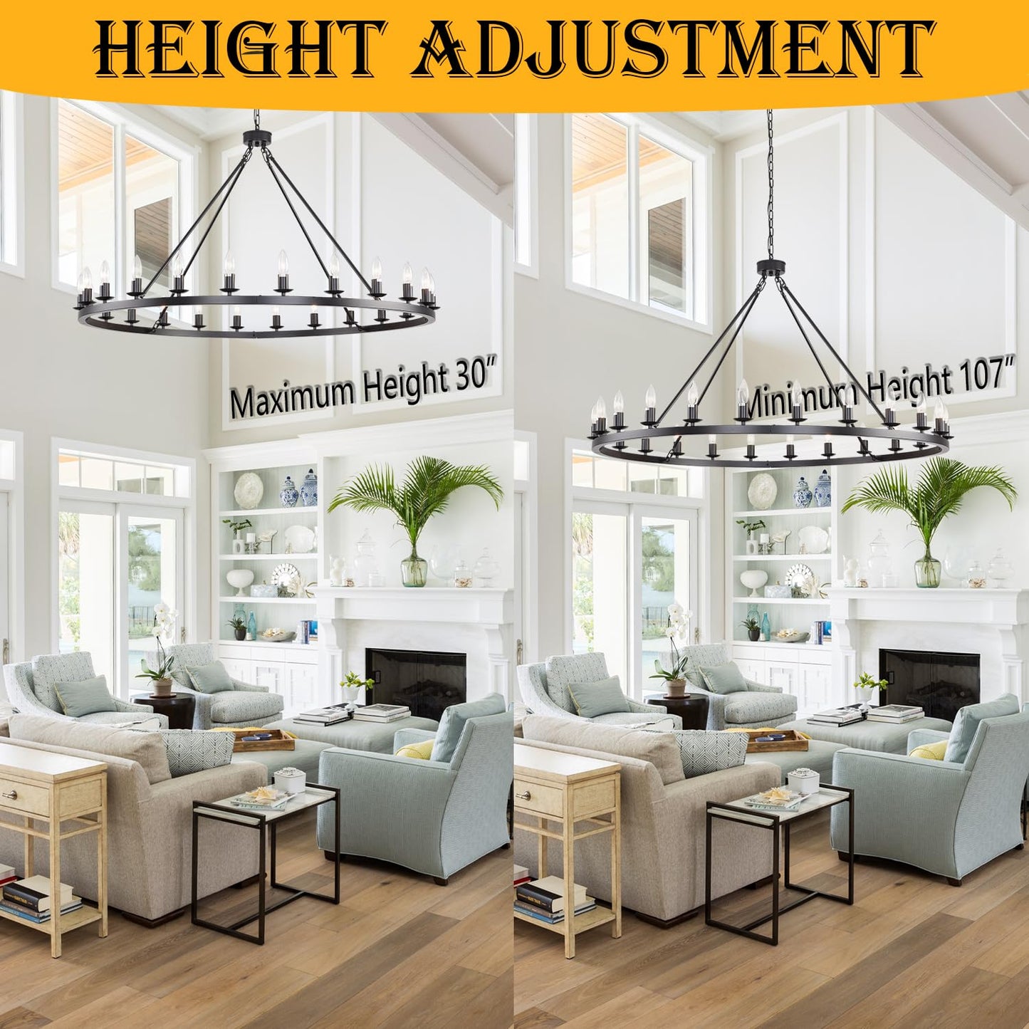 JKLX 48 Inch Black Large Wagon Wheel Chandelier, 24-Lights Farmhouse Industrial Round High Ceiling Light Fixture Adjustable Chain for Outdoor Porch,Foyer,Dining Room, Living Room