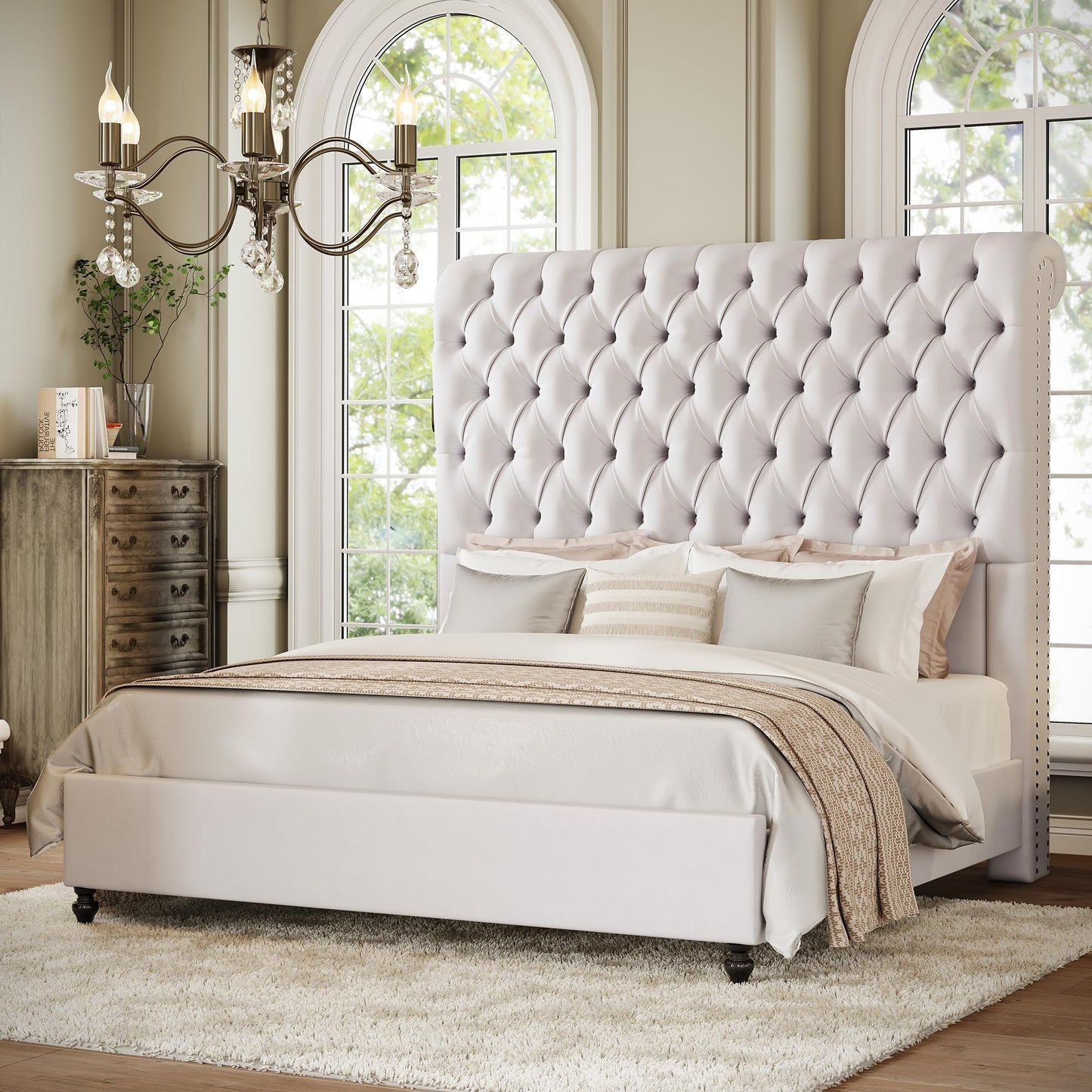 AMERLIFE Queen Size Bed Frame and Headboard with 59" Tall Sleigh Design, Luxury Velvet Upholstered Queen Bed Frame with Handcrafted Deep-Tufted and Solid Wood Legs, No Box Spring Needed,Cream