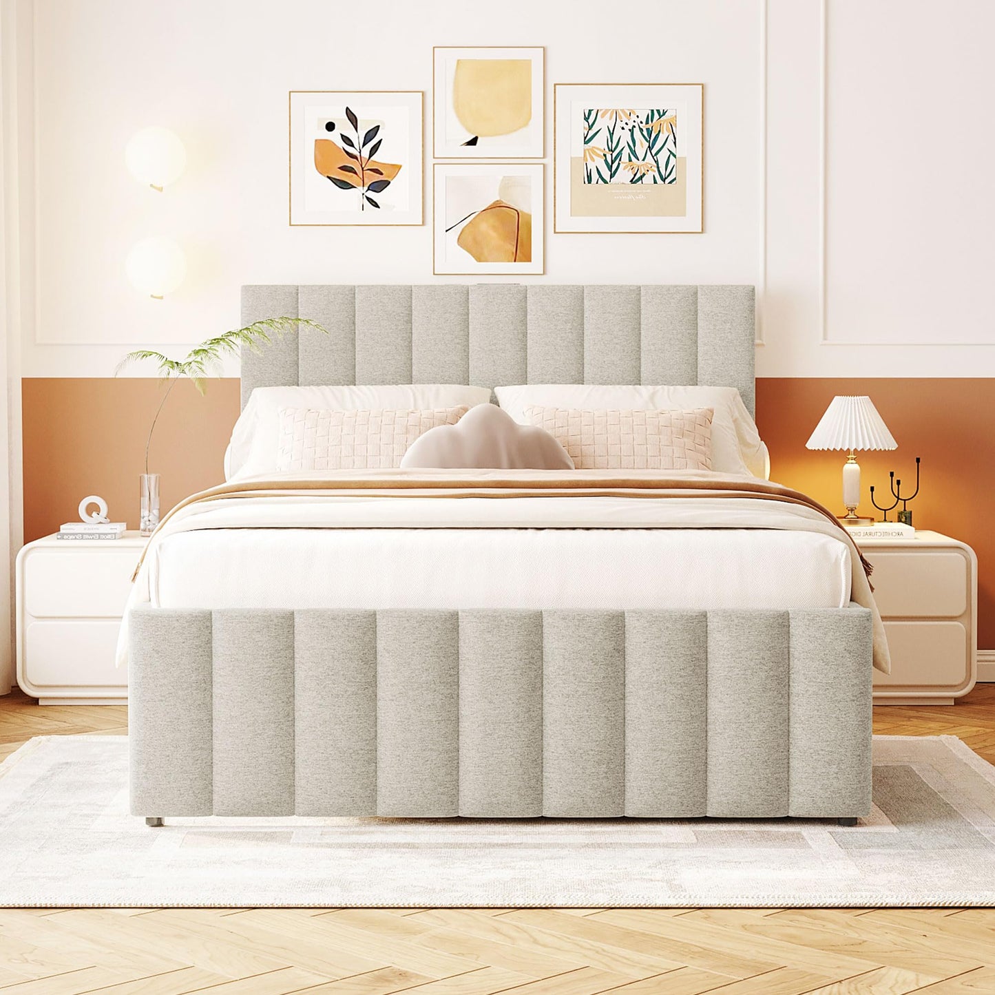 Merax Full Size Bed Frame with Trundle and 3 Storage Drawers, Elegant Linen Upholstered Platform Bed with Stripe Headboard for Bedroom, Small Spaces, No Box Spring Needed, Easy Assembly, Beige