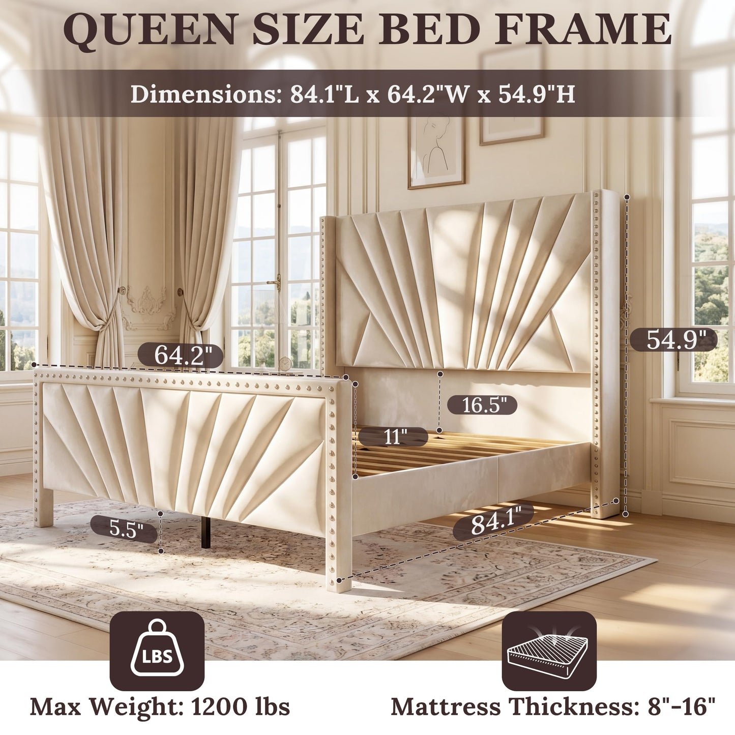 Narolabo Queen Size Bed Frame with 55" Tall Wingback Headboard, Velvet Upholstered Platform Bed, Sturdy Wood Slat Support, No Box Spring Needed, Noise-Free, Easy Assembly, Cream White