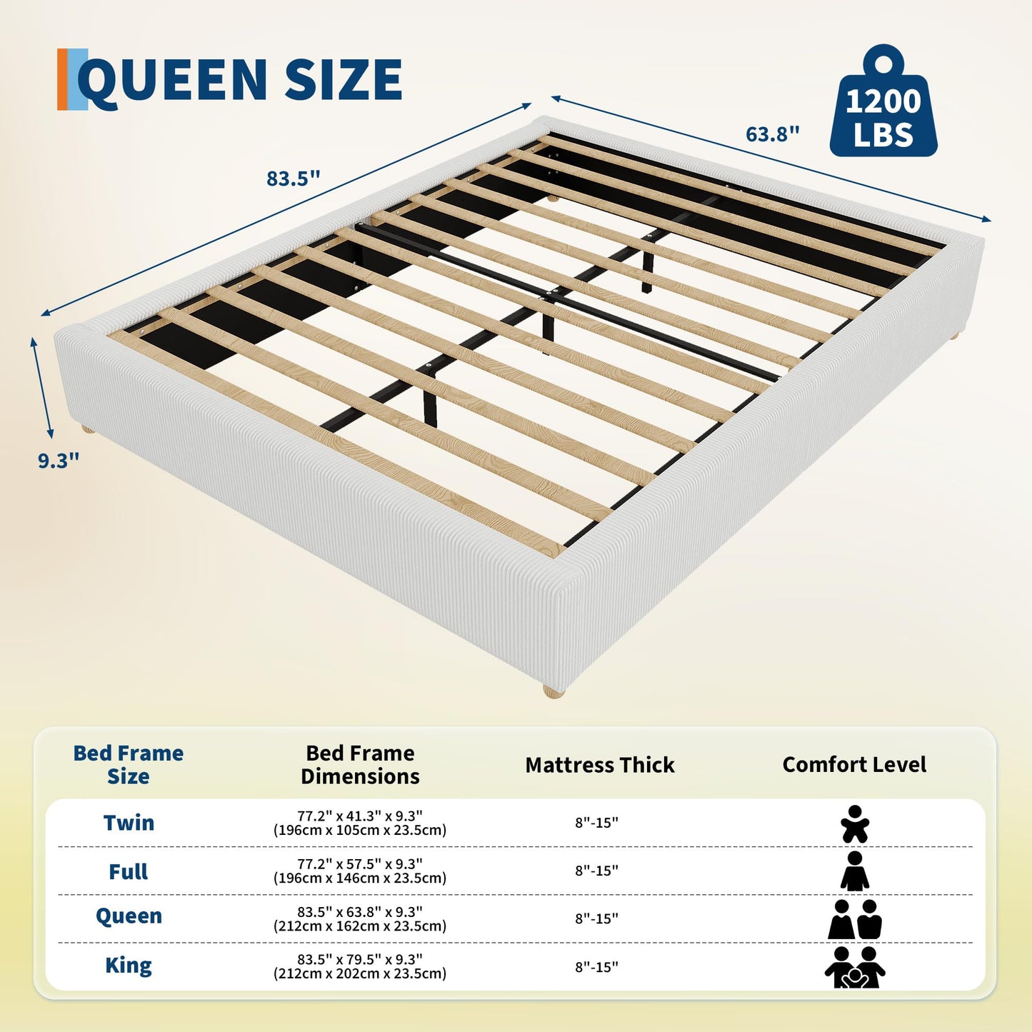 Queen Size Cloud Bed Frame,Upholstered Platform Bed with Solid Wood Legs, Corduroy Low Bed Frame for Bedroom,No Fixed Headboard, No Box Spring Needed,Noise Free, Easy Assembly,White