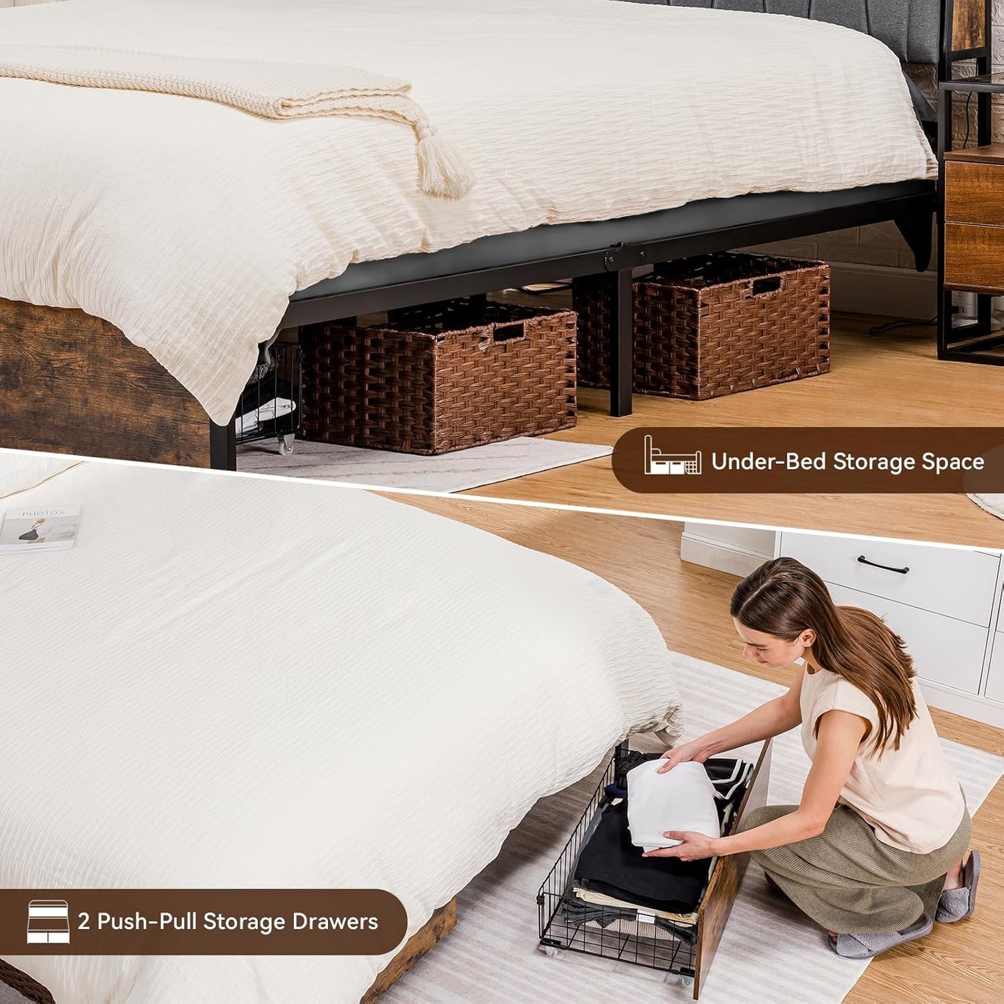 COMHOMA Queen Size Platform Bed Frame with LED Lights and Charging Station, Storage Headboard and Footboard Drawers, No Box Spring Needed, Rustic Wood Look
