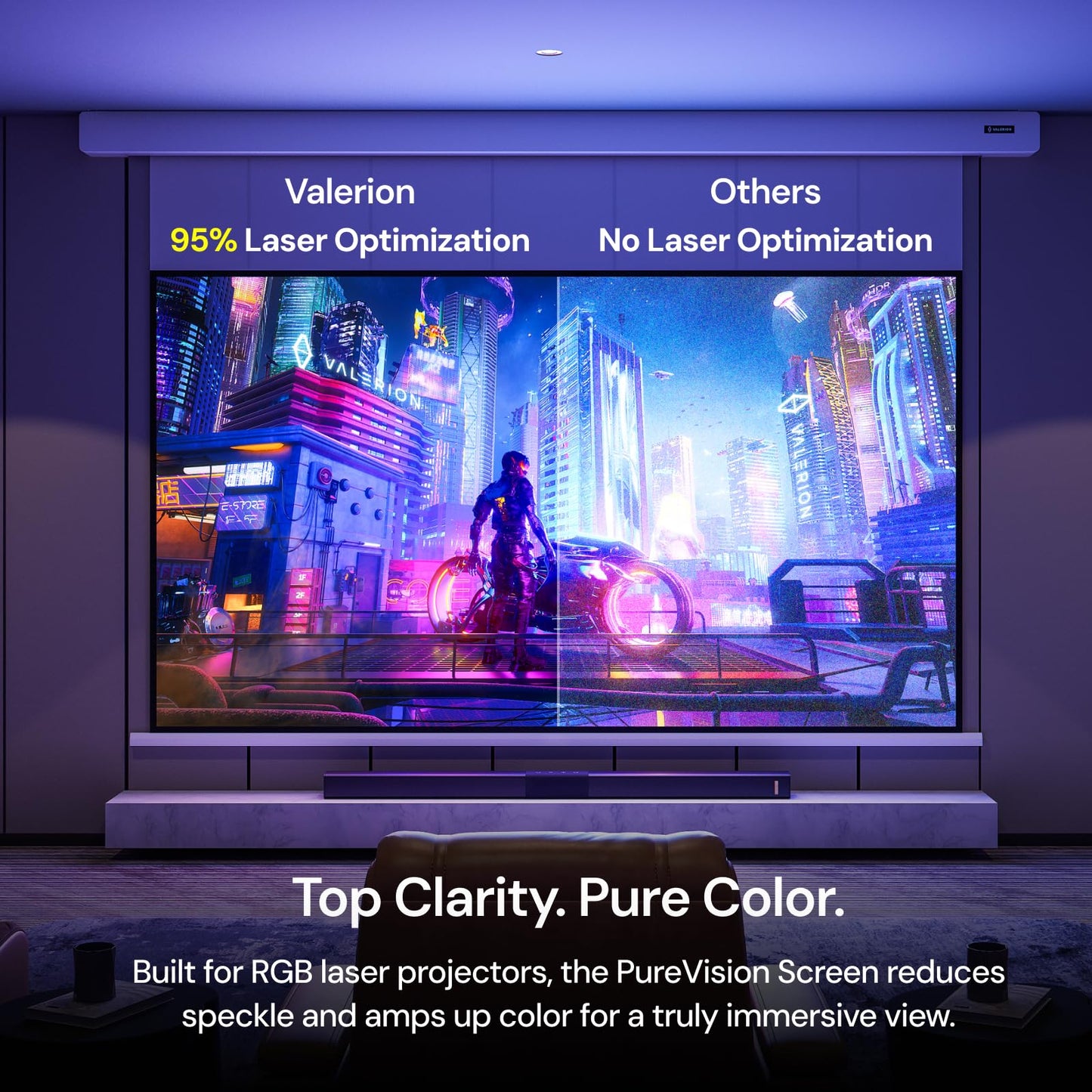 Valerion 120" PureVision Motorized Projector Screen, Laser Speckle Reduction, Auto-Sync with Projector, 4K/8K UHD Ready, 20" Adjustable Drop, Black Backing for Enhanced Contrast, Long Throw Only