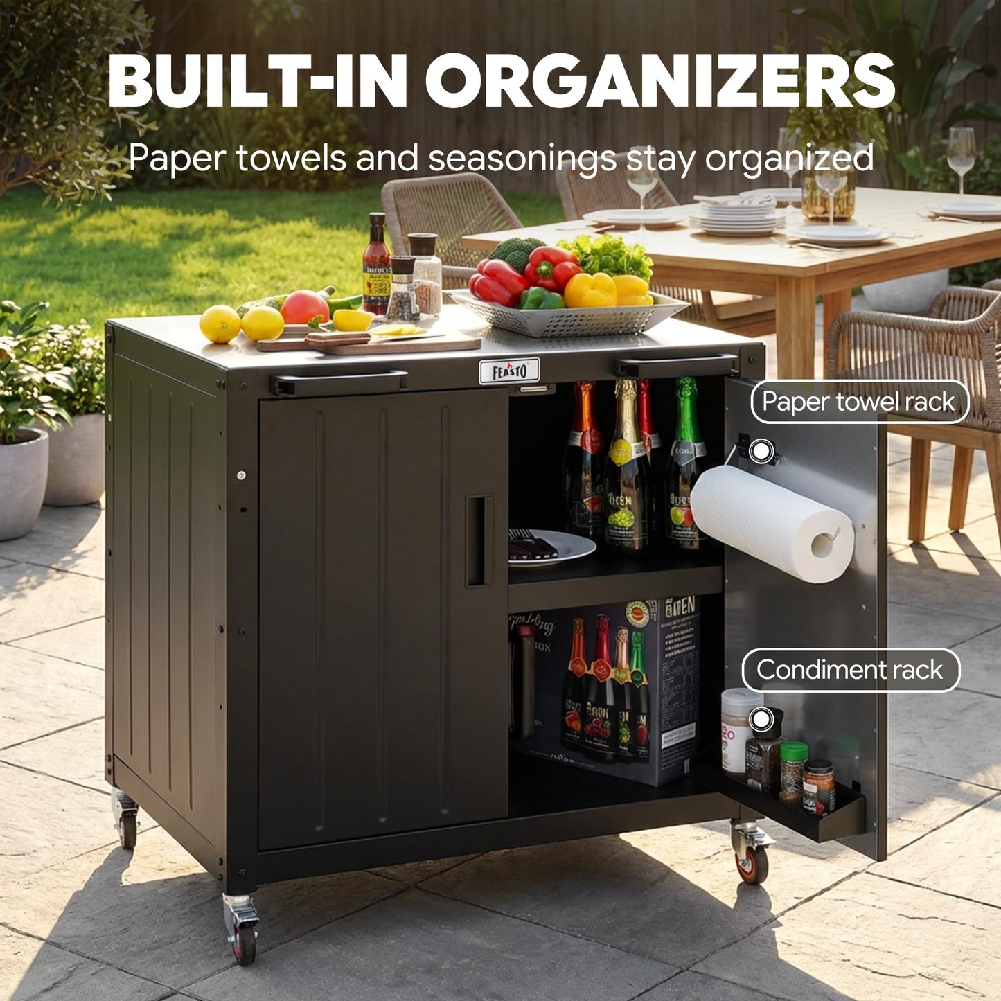 Feasto Outdoor Grill Cart with Storage Cabinet and Stainless Steel Top, 35-Inch Outdoor Grill Station with Door, Modular Kitchen Island for Food Prep and BBQ, Black & Silver